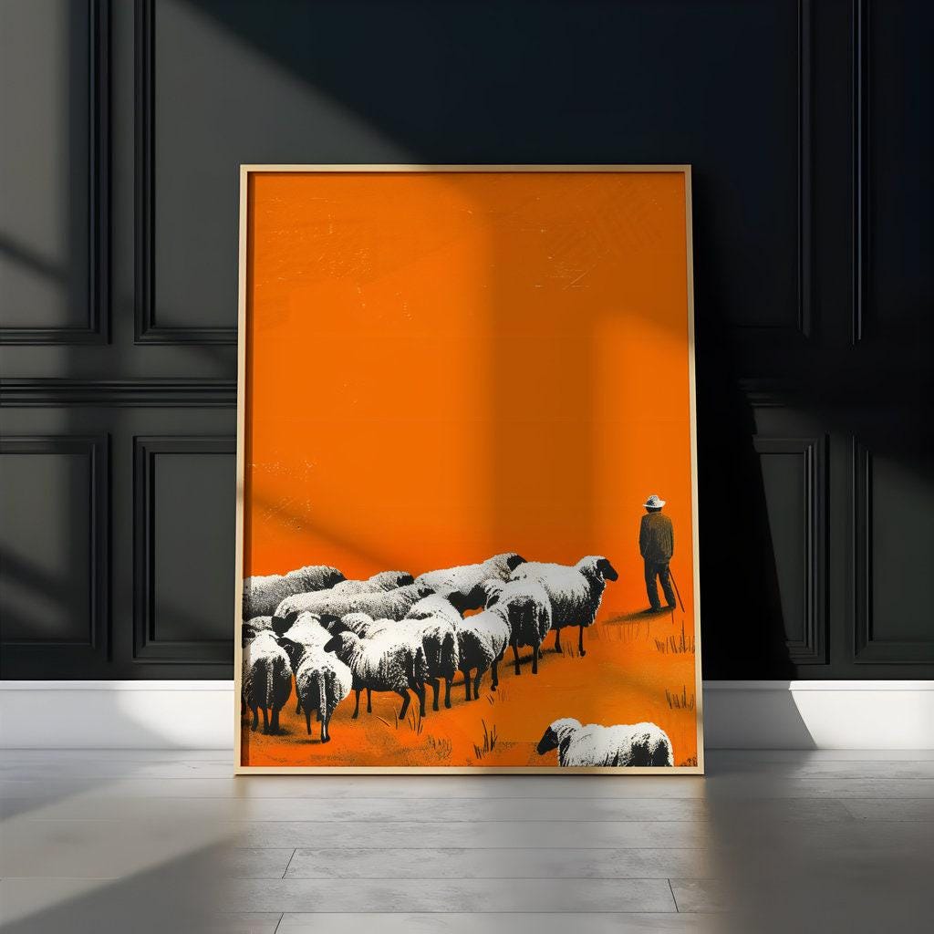 The Shepherd: Minimalist Street Art Style Print | Orange & Black Landscape Decor