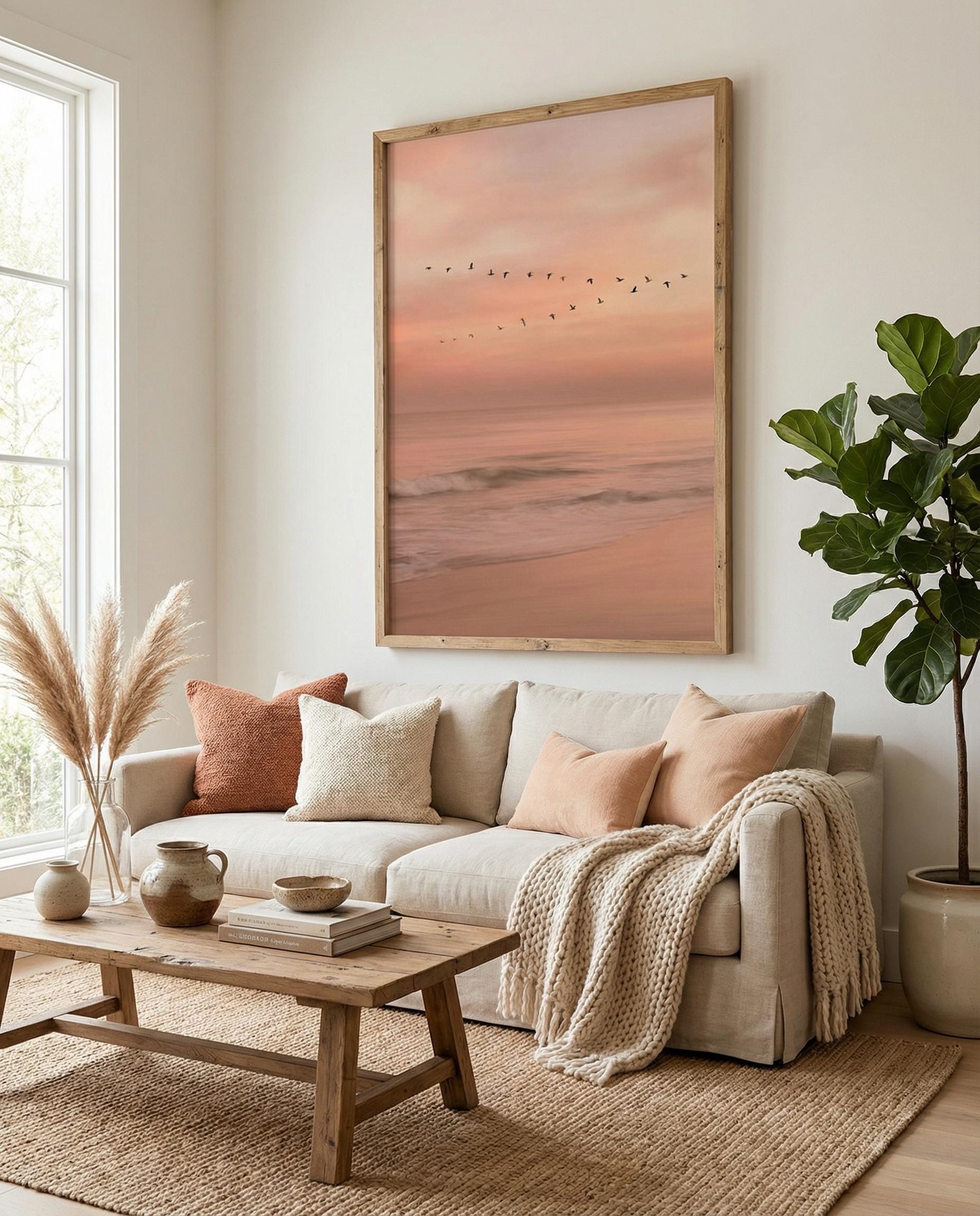 Twilight Beach Art Print, Orange Sunset (Framed or Rolled Canvas)
