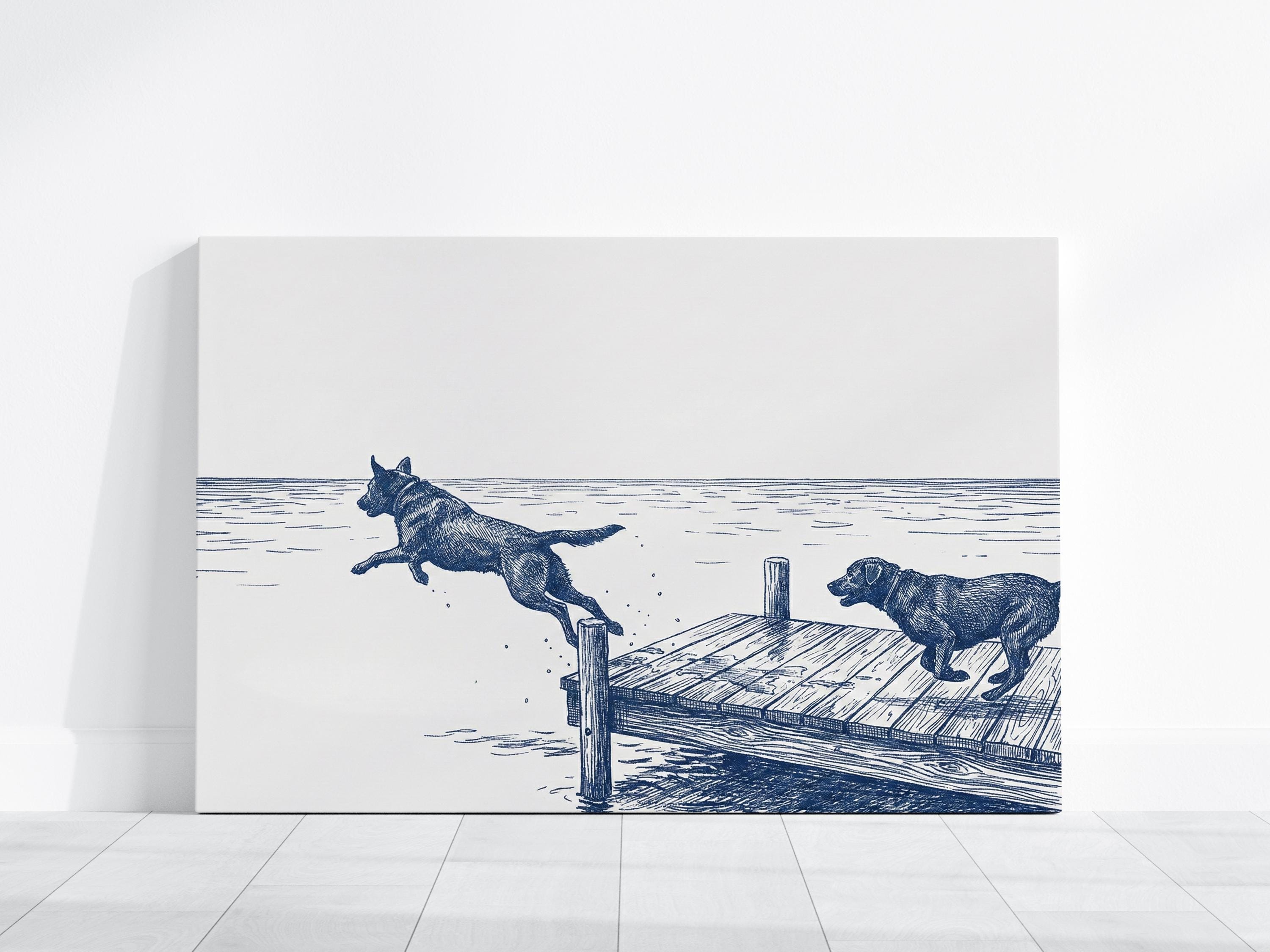 Lake House Dog Art, Blue Ink Sketch, Dock Scene (Print or Canvas)