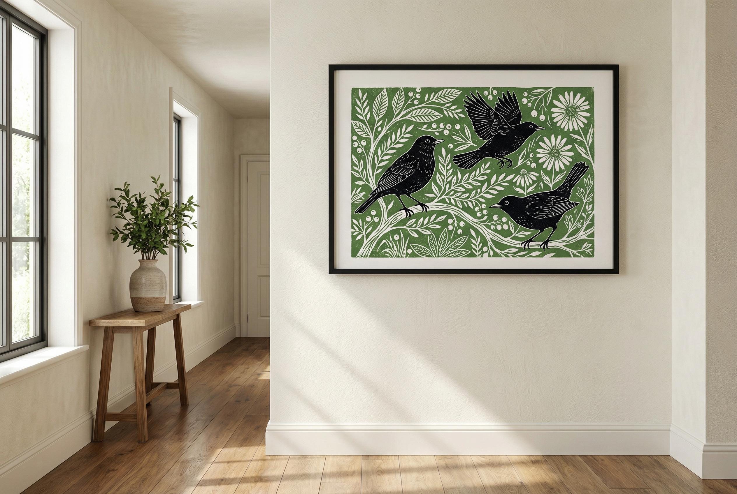 Black Birds Wall Art Print: Green Minimalist Home Decor