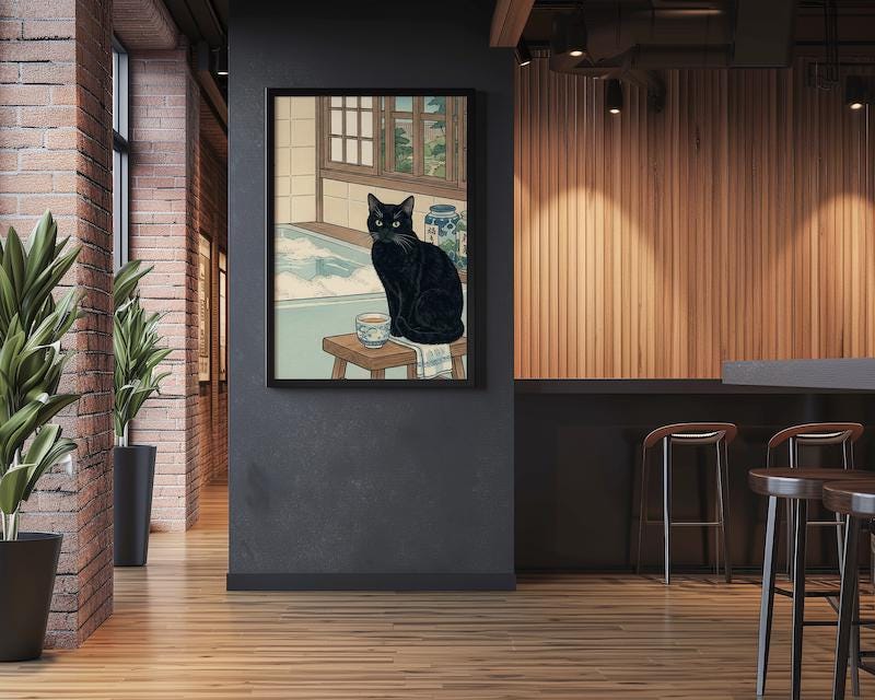 Ukiyo-e Black Cat Wall Art - Japanese Onsen Bathhouse Scene