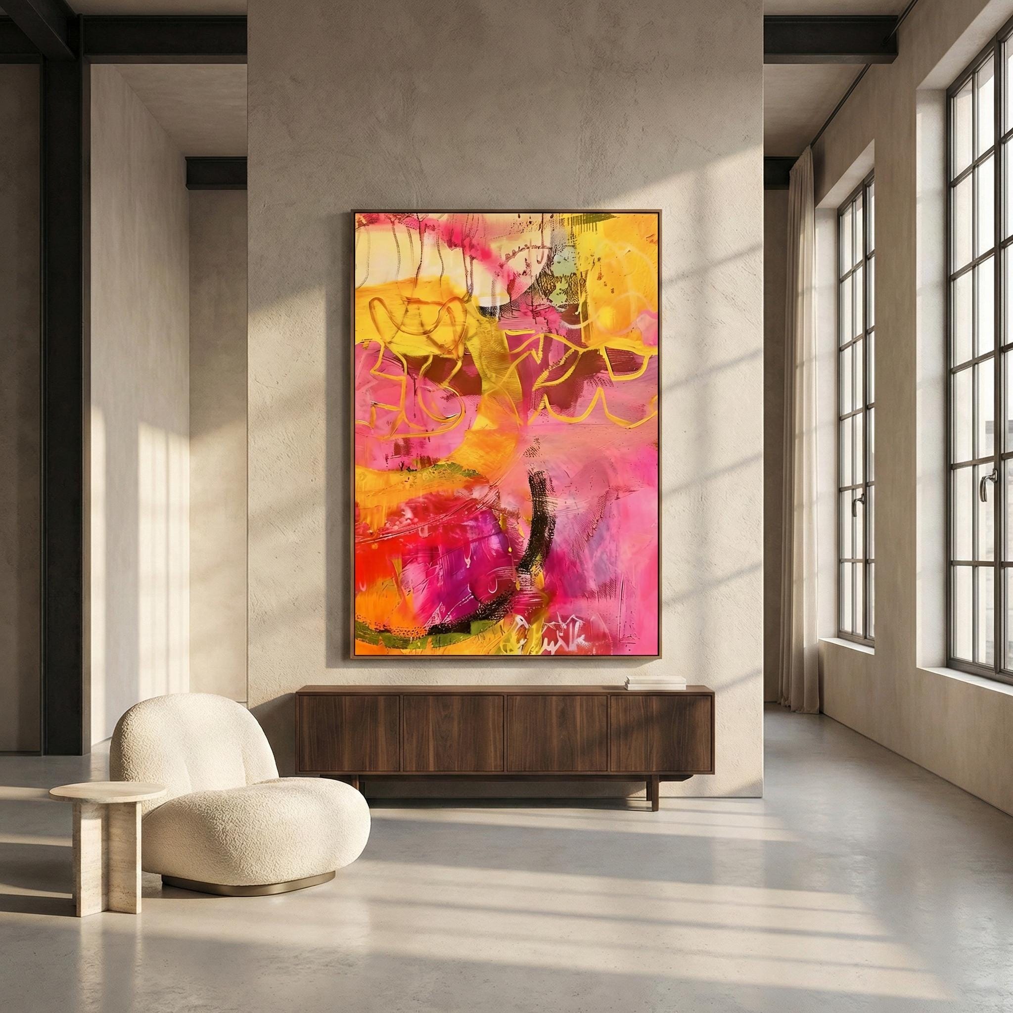 Modern Abstract Painting, Pink and Yellow Bold Brushstrokes (Canvas Print)