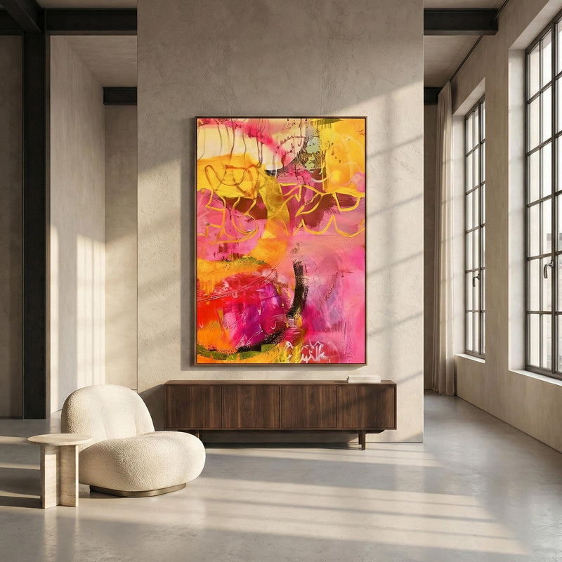 Modern Abstract Painting, Pink and Yellow Bold Brushstrokes (Canvas Print)