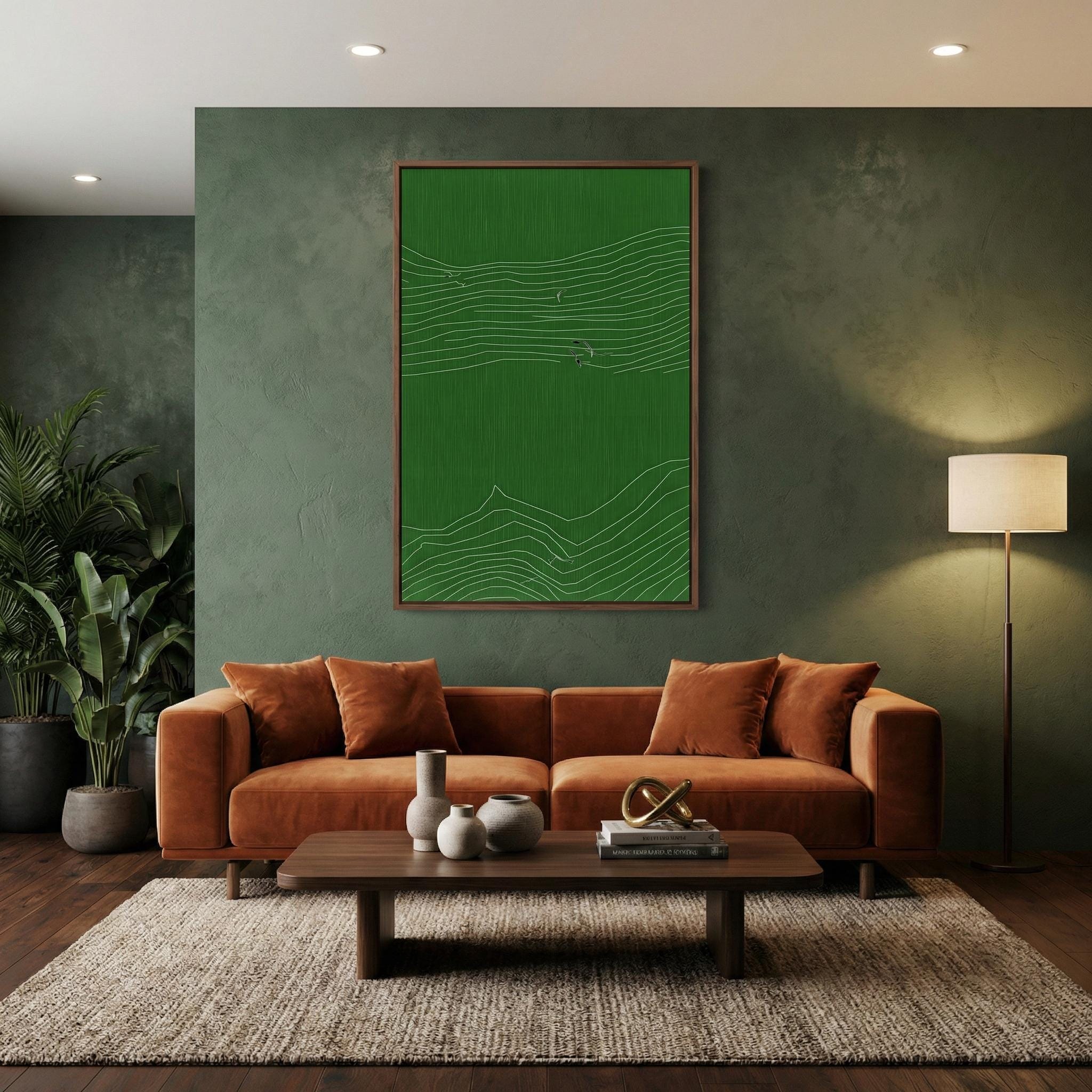 Zen Inspired Canvas Art, Minimalist Green Line Drawing (Ready to Hang)