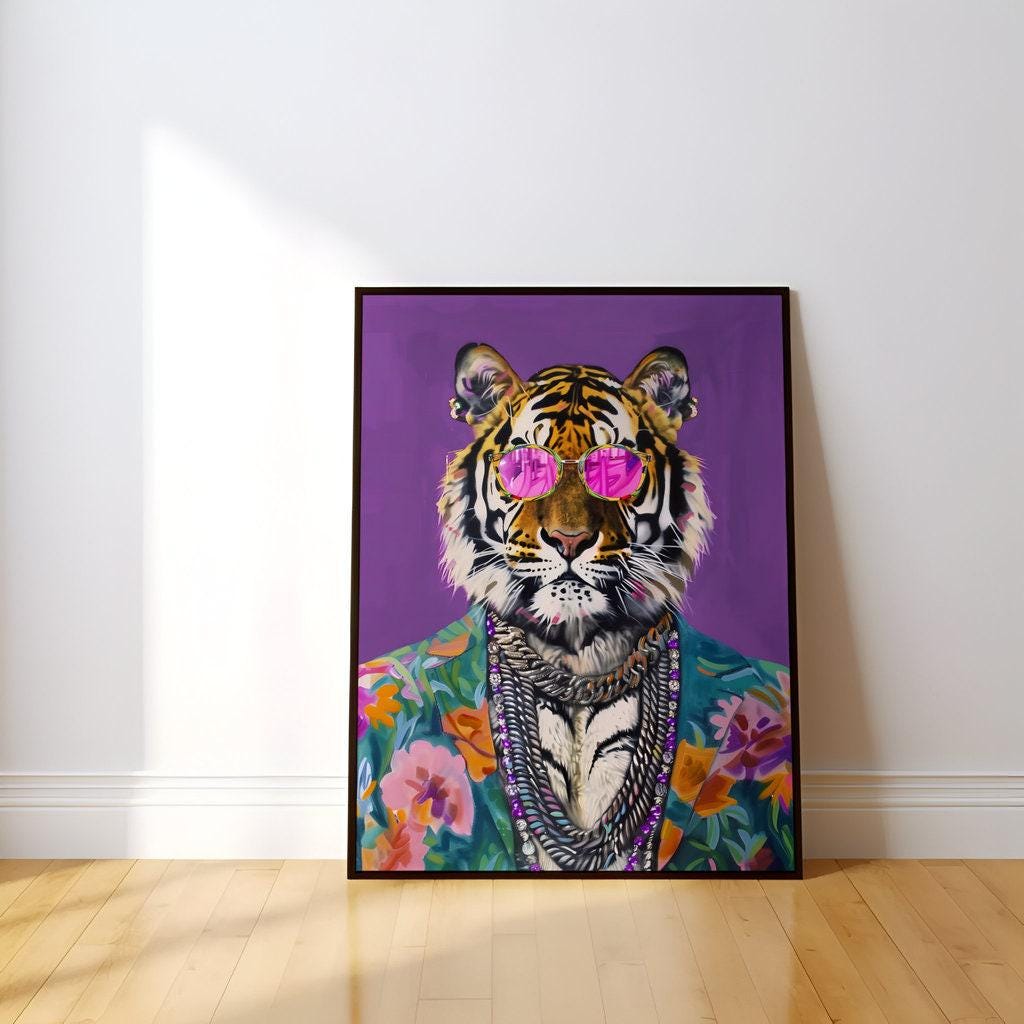 The Fashionista: Chic Tiger in Pink Sunglasses Art | Vibrant & Modern Animal Print Decor