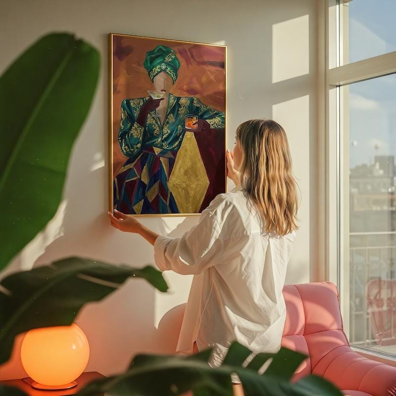 Emerald Turban Cocktail Woman Art - Abstract Vintage Style Print