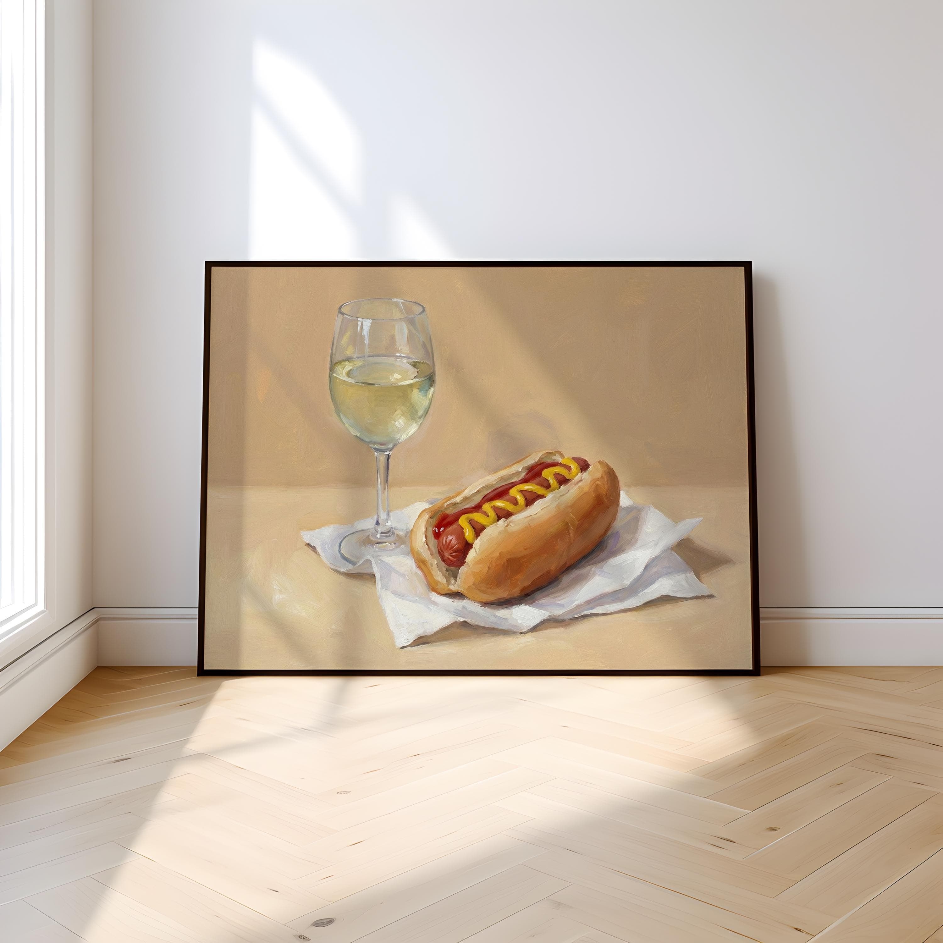 Hot Dog and Wine Wall Art: Funny Food Painting - Kitchen Decor
