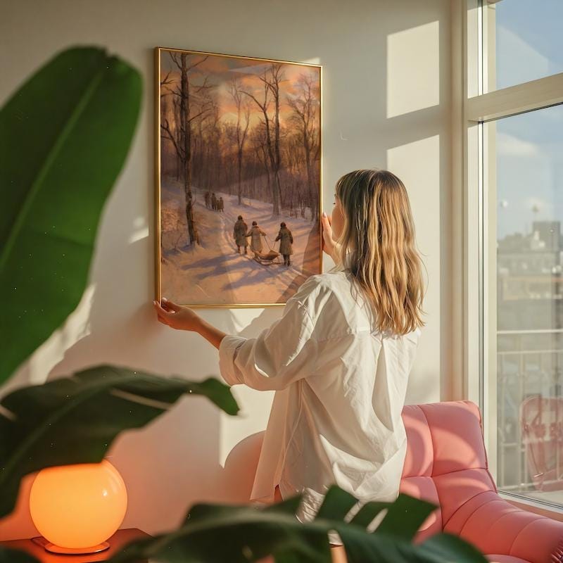Winter Sunset Canvas, Snowy Forest Landscape (Rustic Holiday Wall Art)