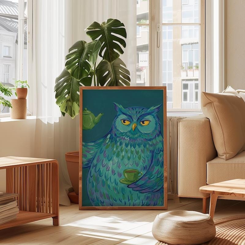 Funny Blue Owl Art Print: Whimsical Tea Time Kitchen Decor