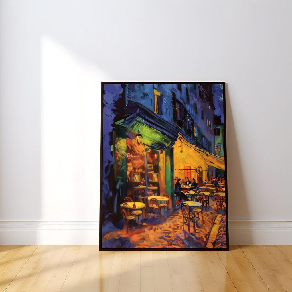 The Starry Night Cafe: Vibrant European Street Scene | Whimsical & Romantic Wall Art