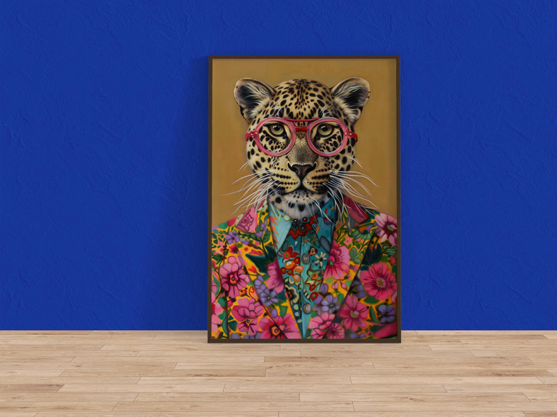 Leopard Wall Art – Vibrant Floral Jacket & Pink Glasses | Bold Animal Print Decor