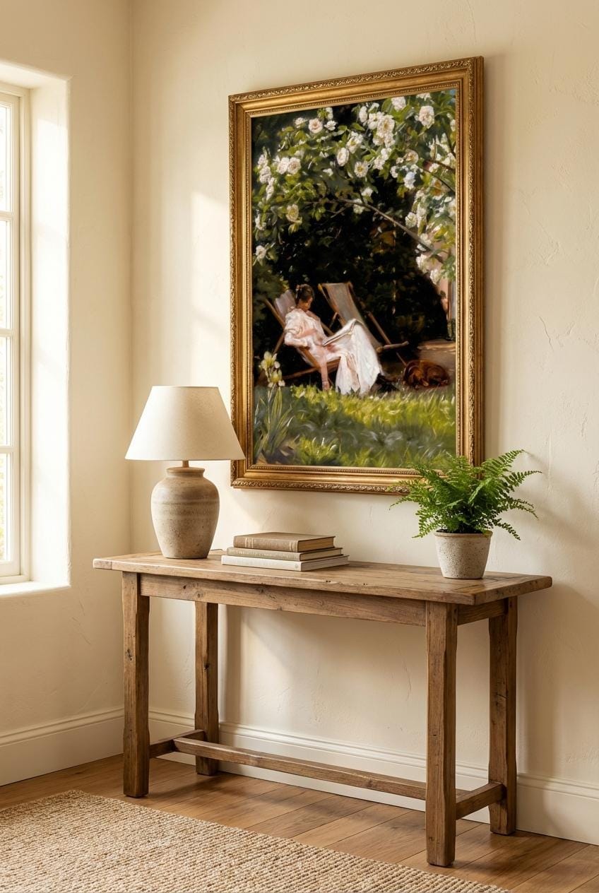 Serene Garden Wall Art Print: Woman Reading with Dog in Summer