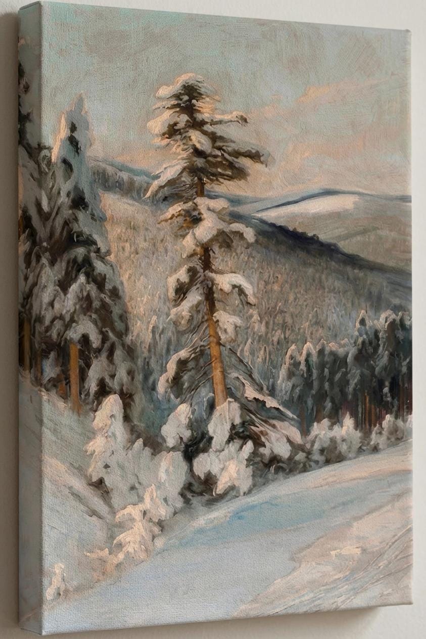 Cozy Winter Wall Art – Snowy Forest Print with Rustic Cabin Decor & Serene Nature Scene