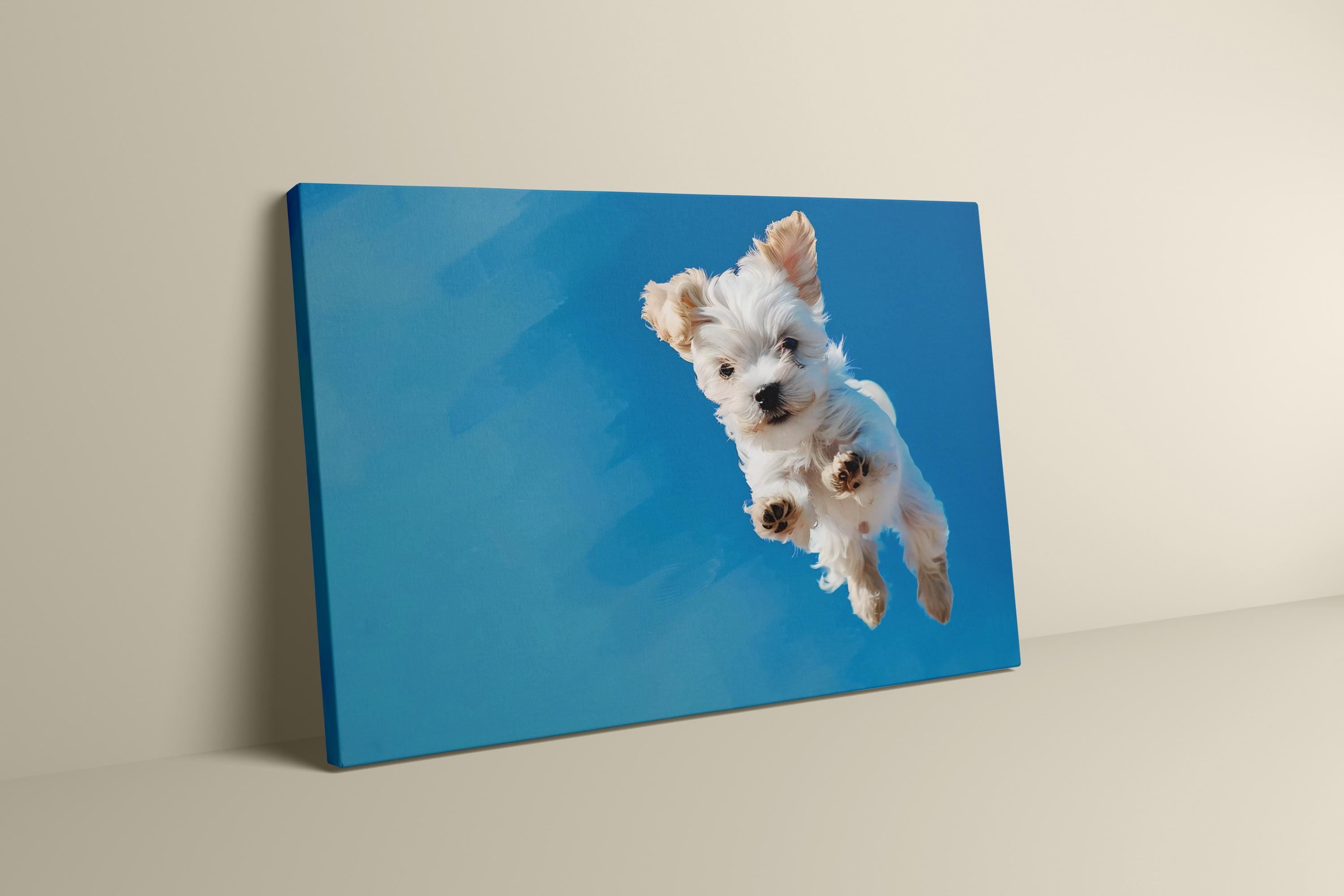 The Leap: Joyful Fluffy White Dog Art Print | Playful & Vibrant Pet Portrait Decor
