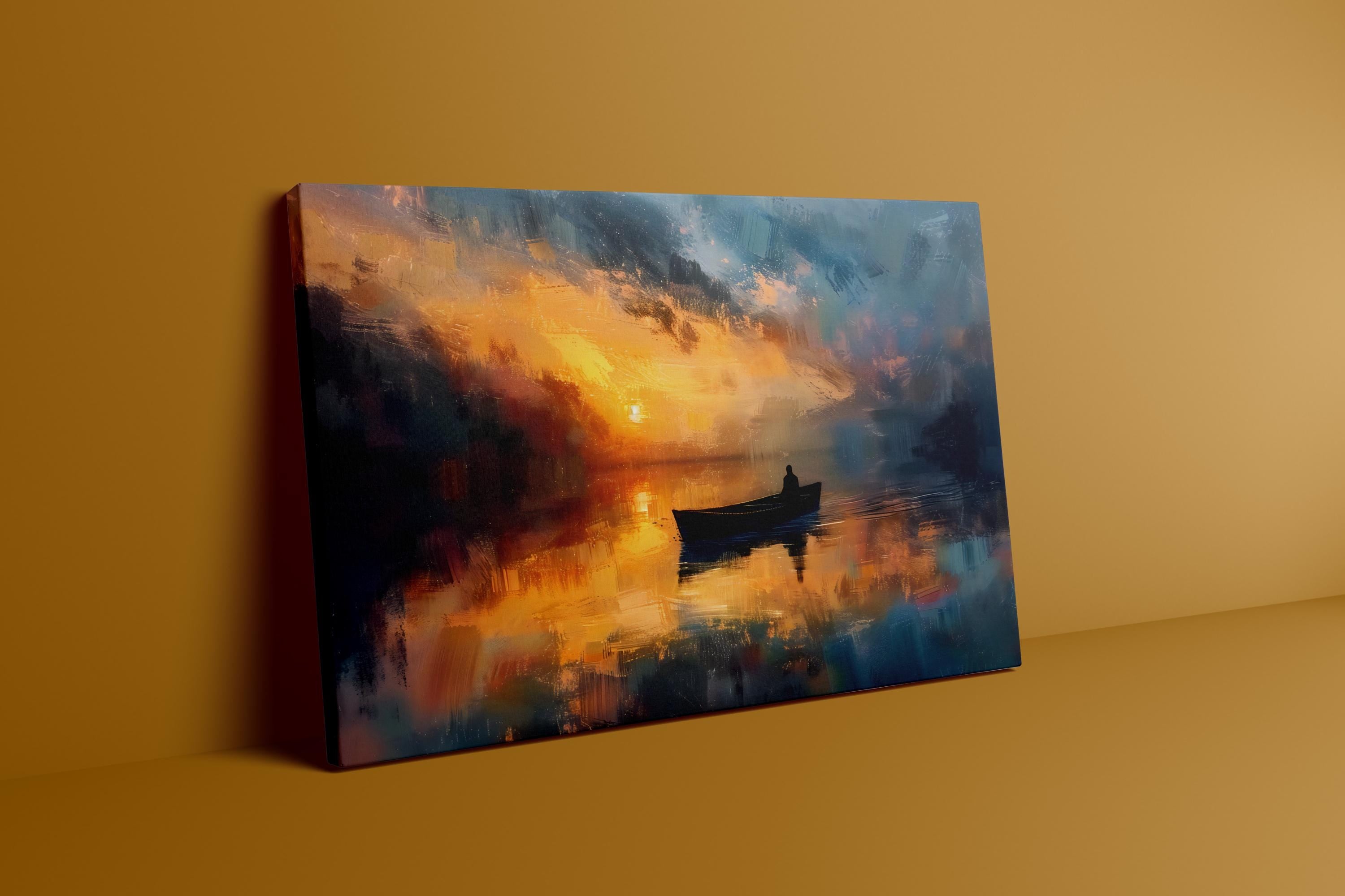 Sunset Solitude: Serene Lone Boat Canvas Art | Tranquil Orange & Blue Lake Decor