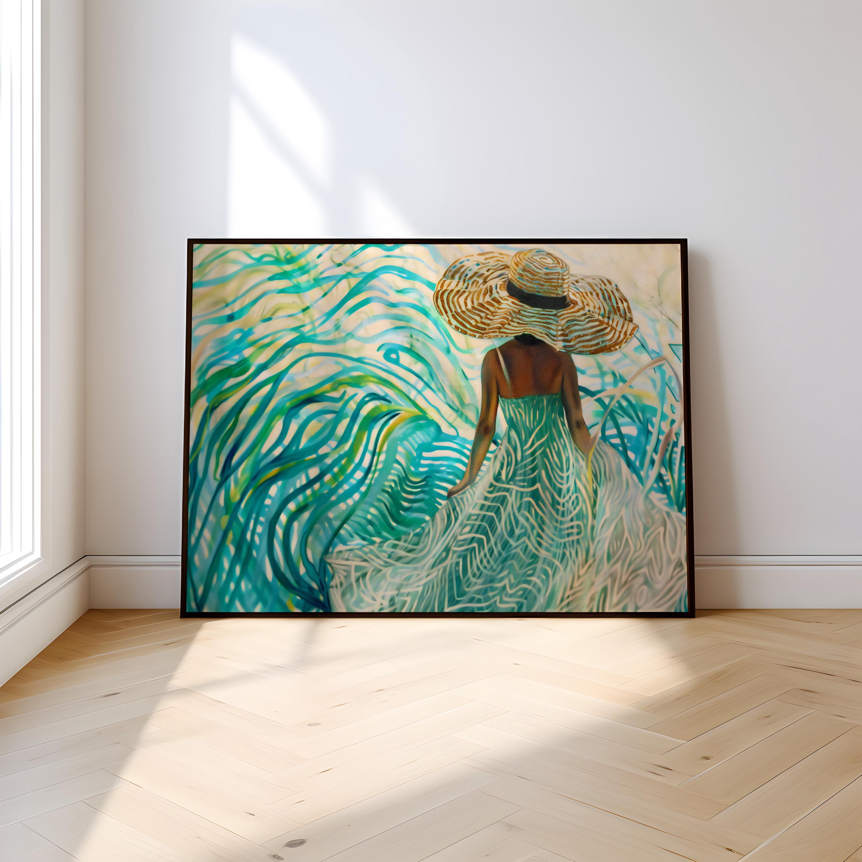 The Dreamer's Path: Surreal Woman in Hat in a Swirling Tropical Landscape | Vibrant & Abstract Wall Art