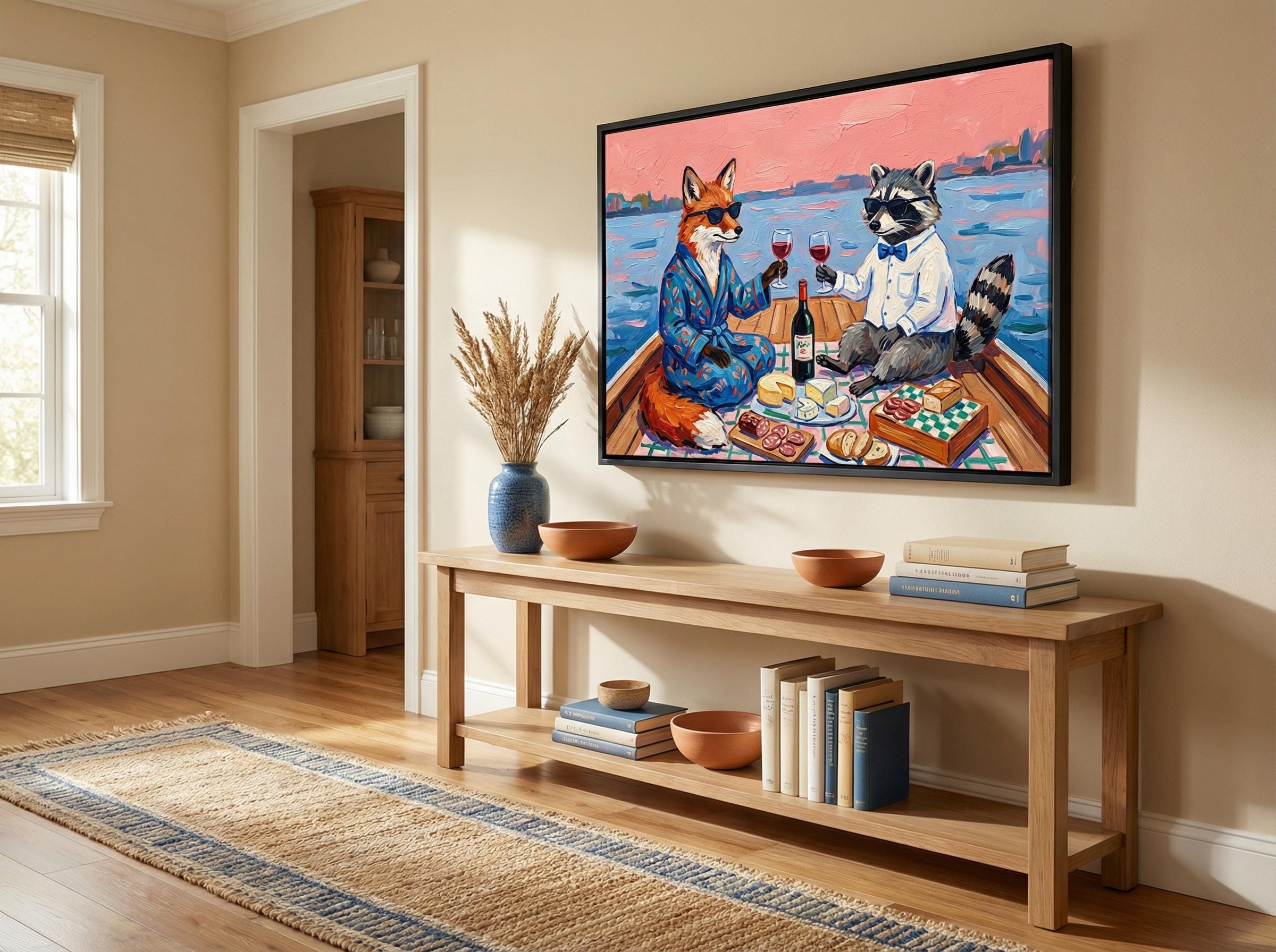 Animal Picnic Wall Art Print, Playful Scene (Matte, Canvas, Framed)