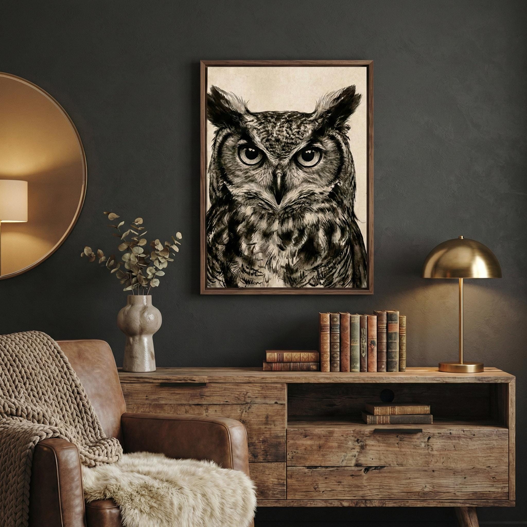 Great Horned Owl Wall Art: Rustic Charcoal Sketch - Nature Inspired