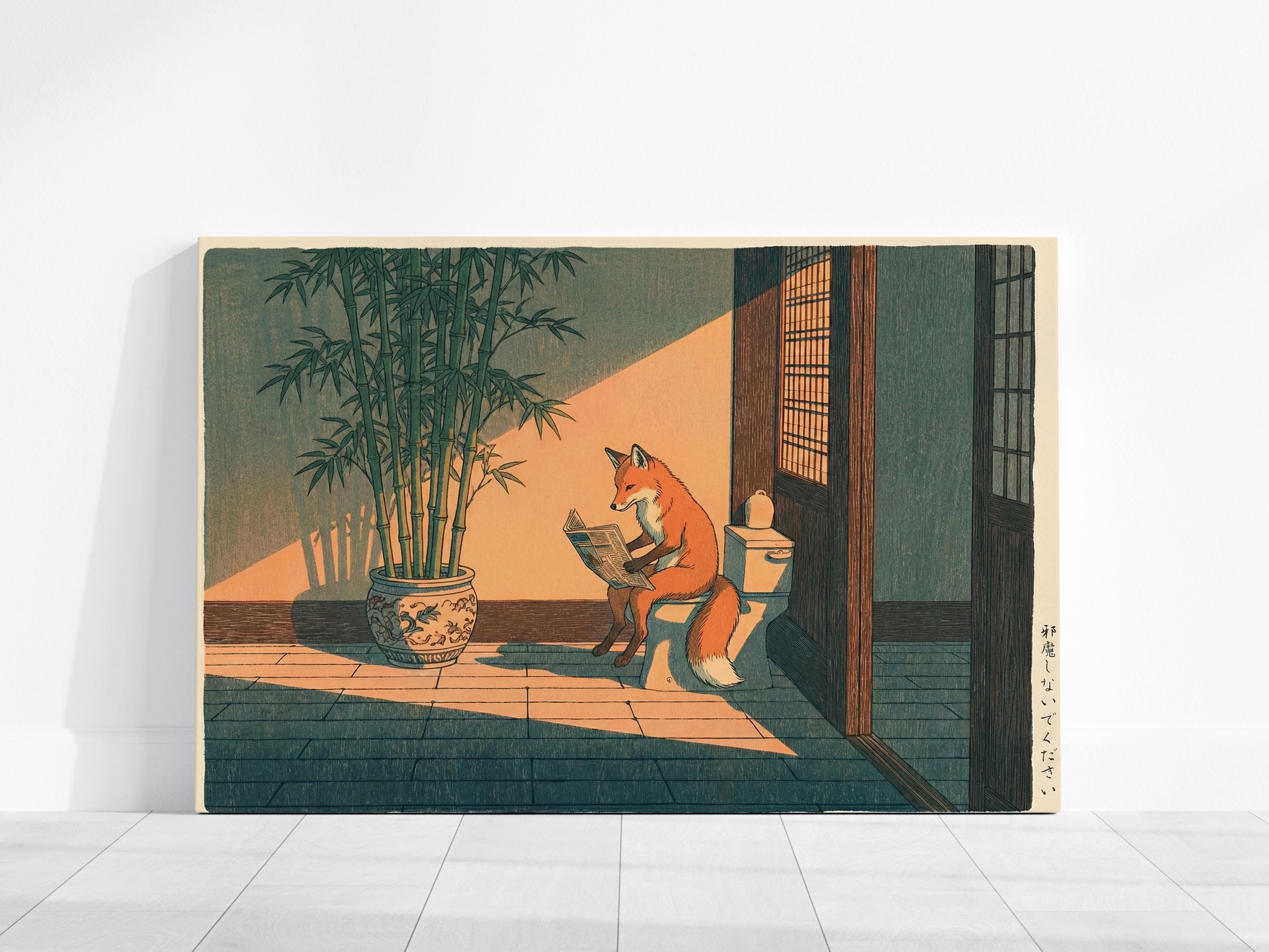 Bathroom Wall Art: Humorous Red Fox on Toilet - Ukiyo-e Style Print