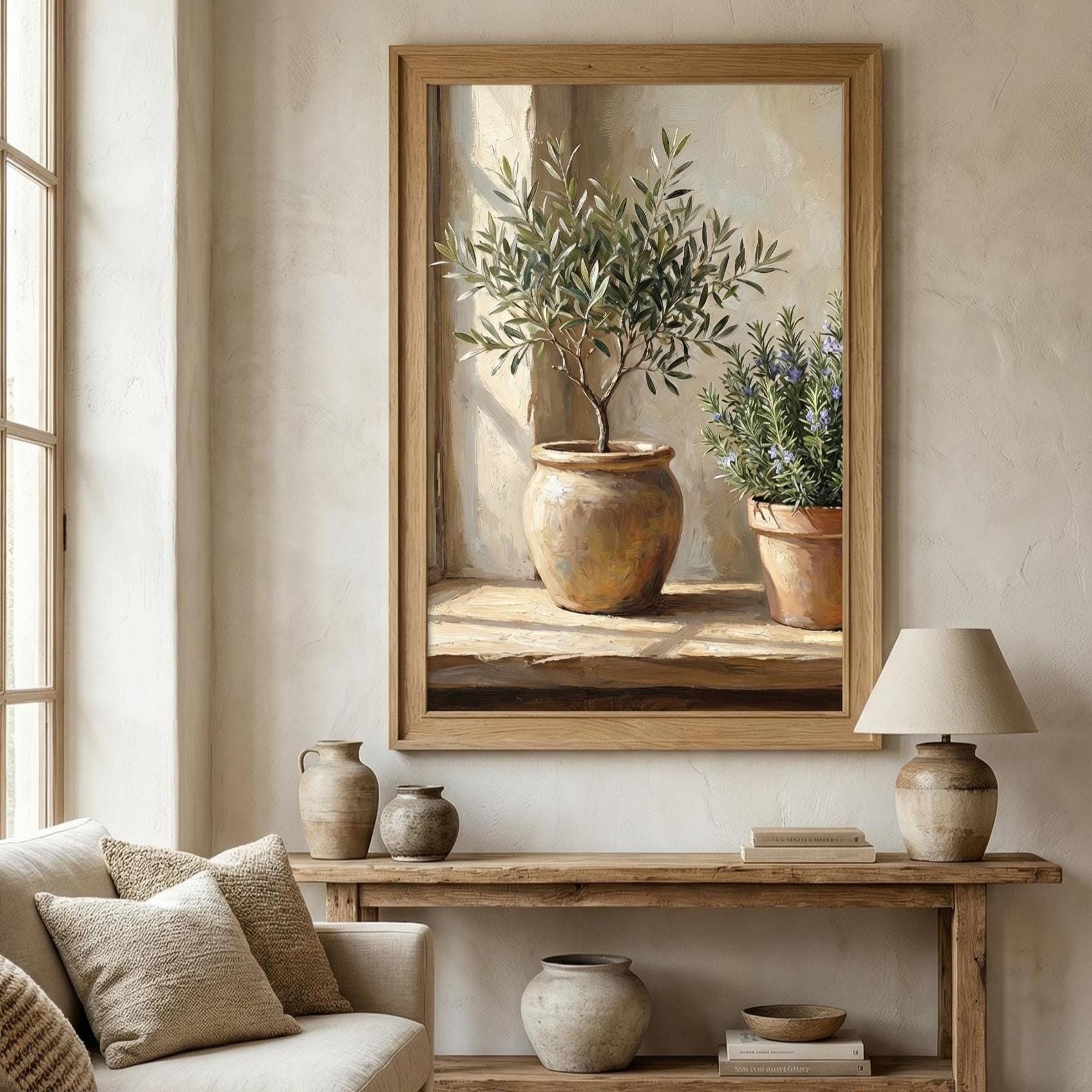 Olive Tree Art Print: Plants and Pots, Beige Tones