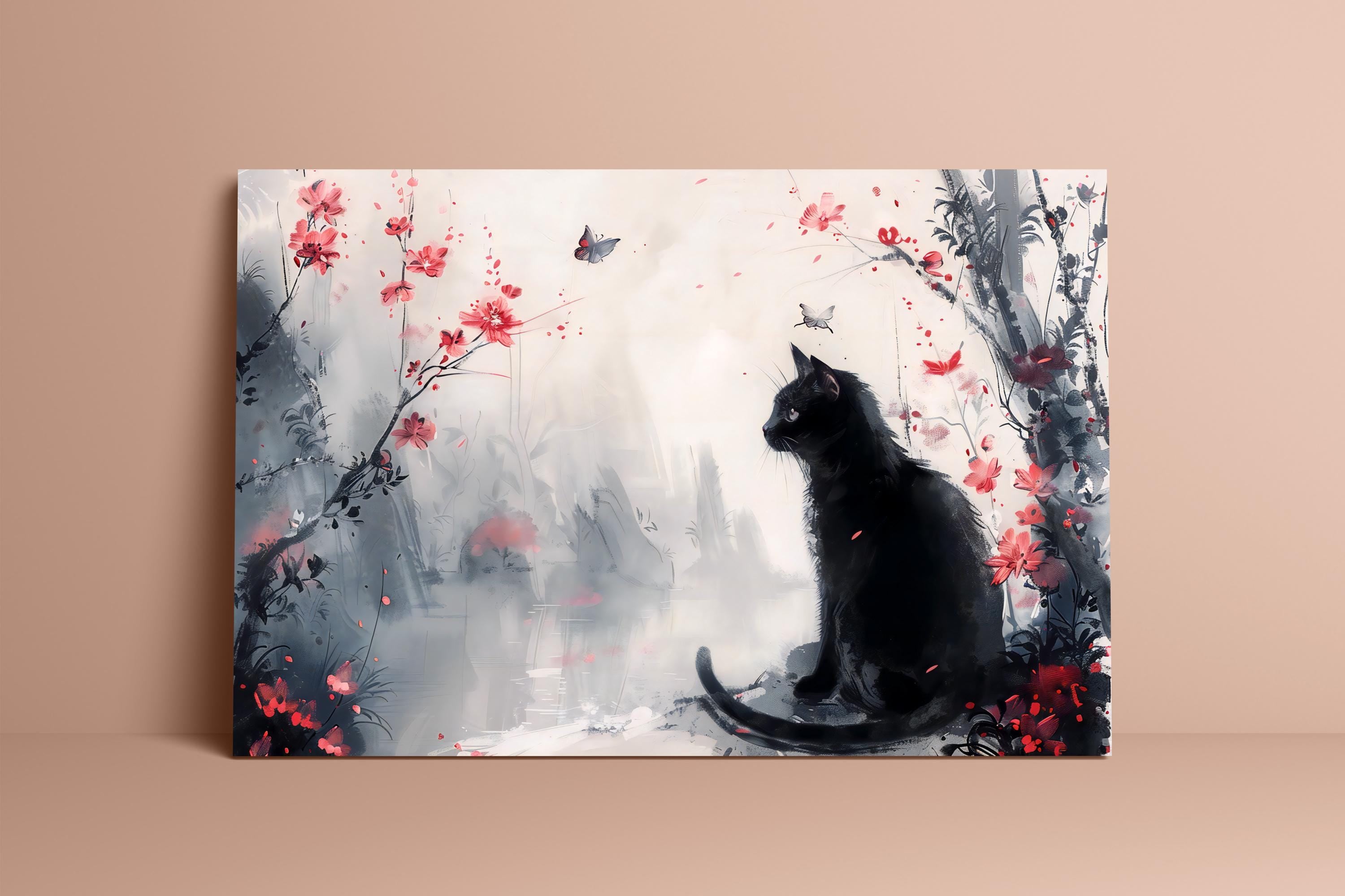 Mystical Garden: Black Cat with Flowers & Butterflies | Serene & Enchanting Wall Art