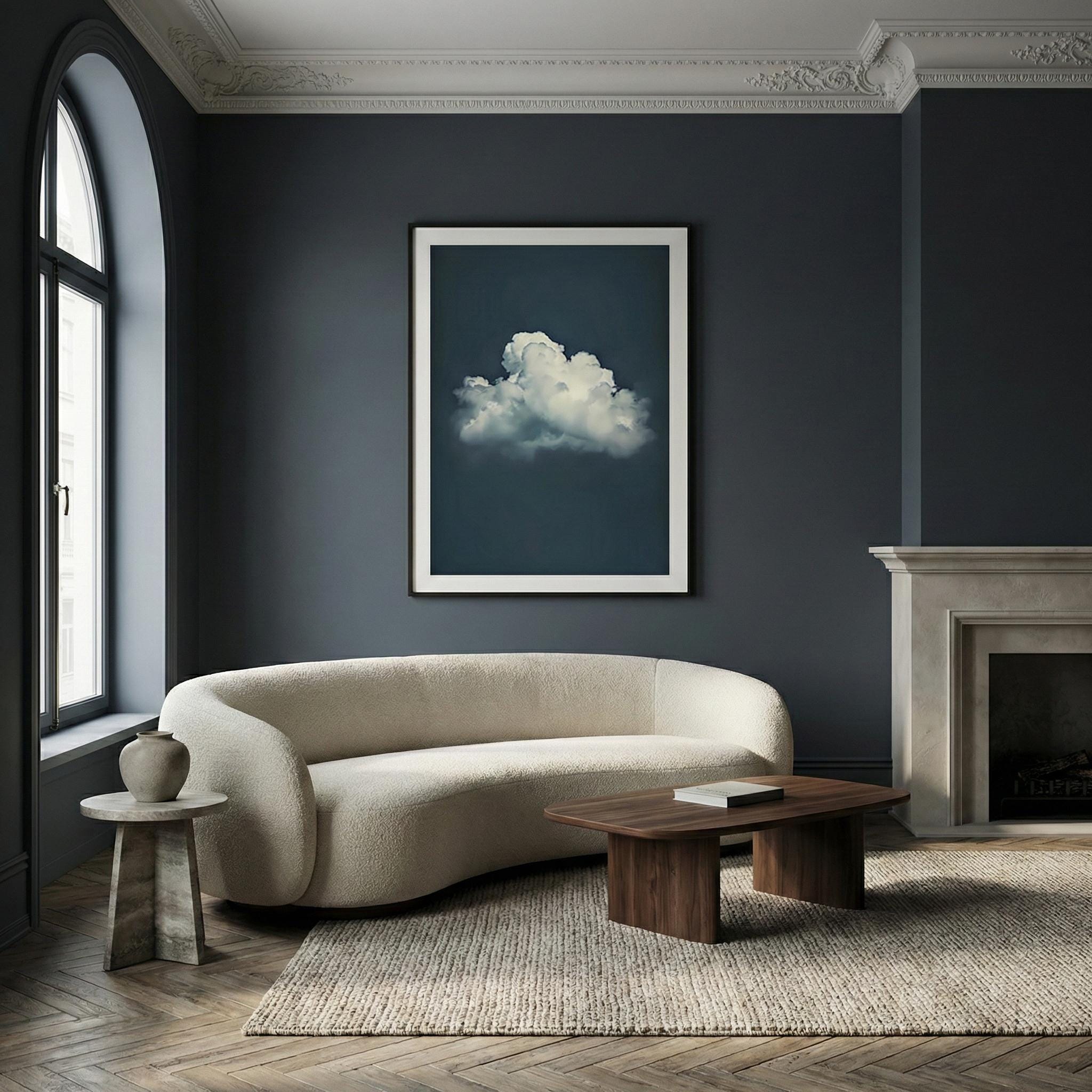 Moody Blue Sky Wall Art - Minimalist Solitary Cloud Print