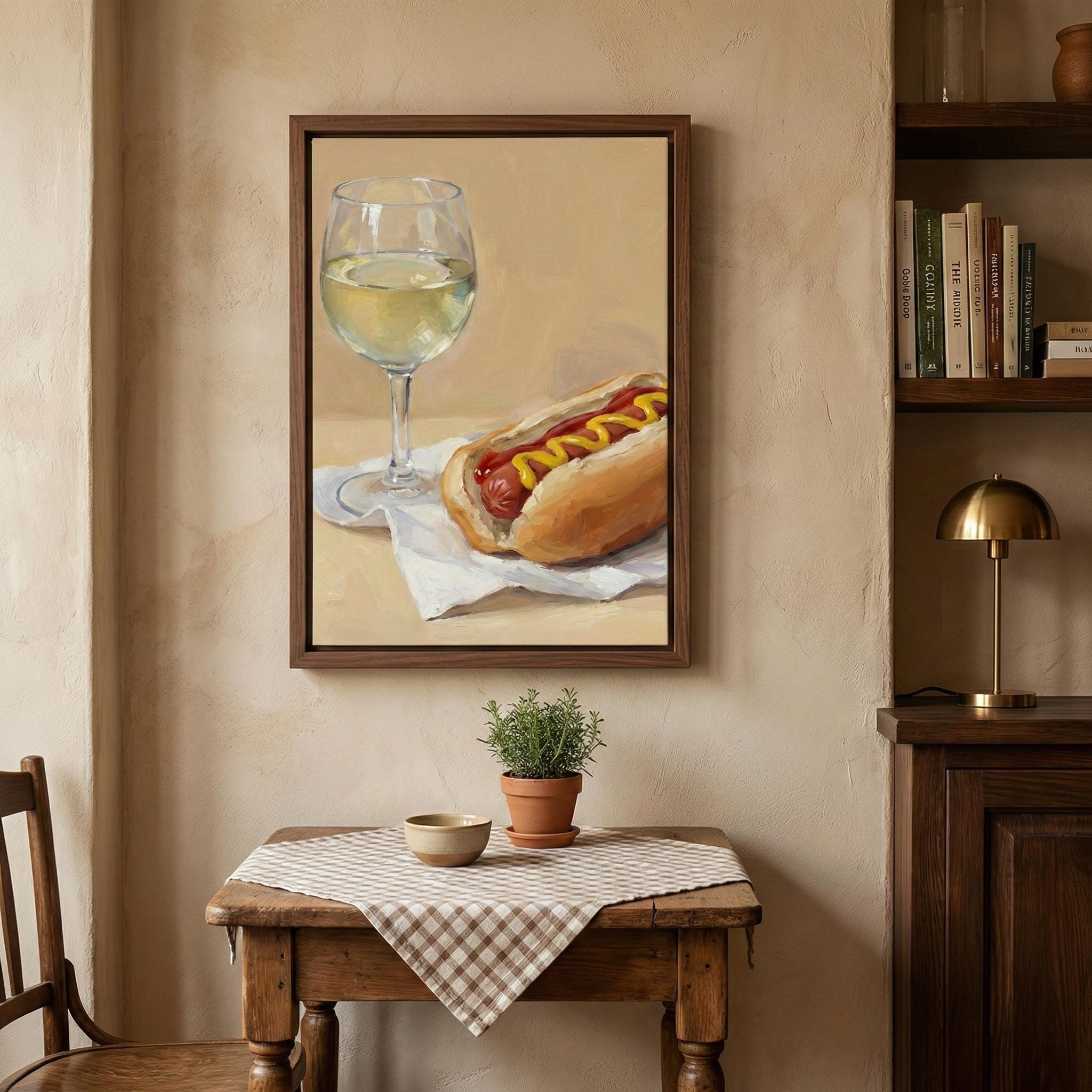 Hot Dog and Wine Wall Art: Funny Food Painting - Kitchen Decor