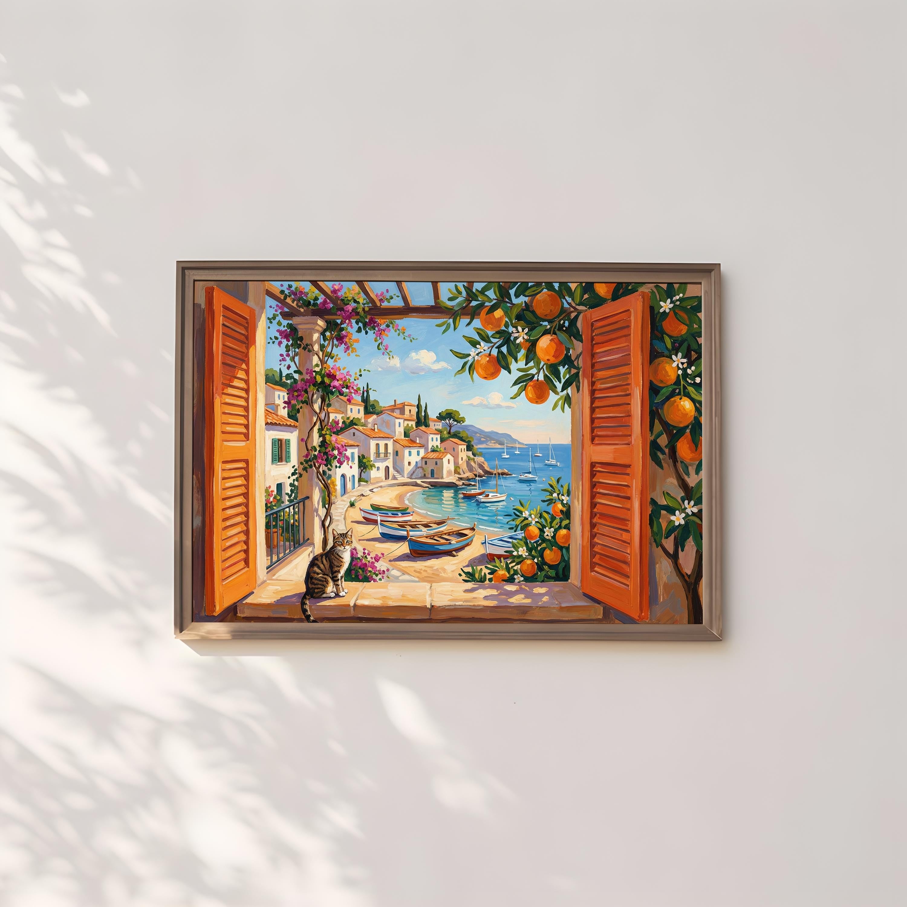 Italian Coastal Wall Art: Mediterranean View with Cat - Vibrant Colors