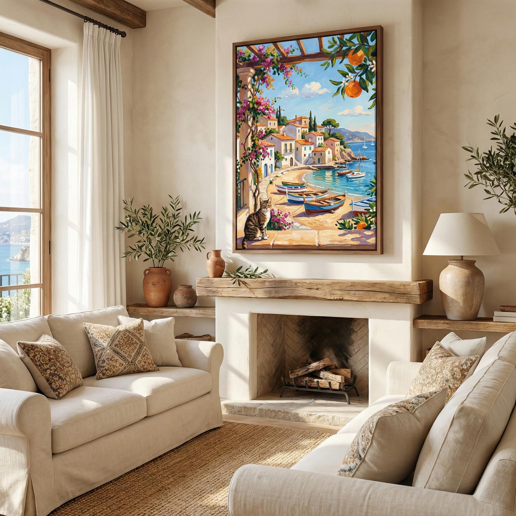 Italian Coastal Wall Art: Mediterranean View with Cat - Vibrant Colors