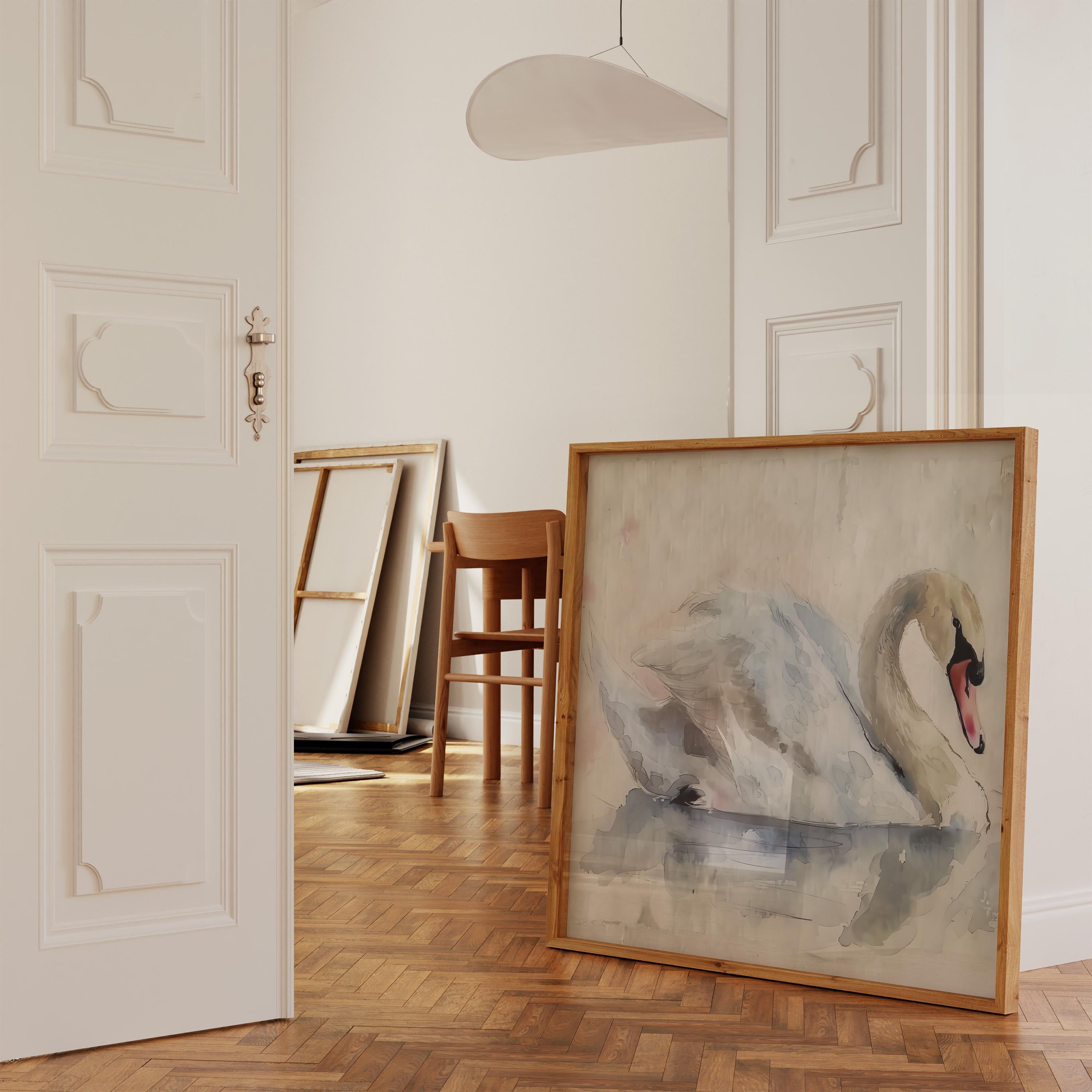 Serene Grace: Elegant Swan Watercolor Art Print | Calming & Peaceful Lake Scene Decor