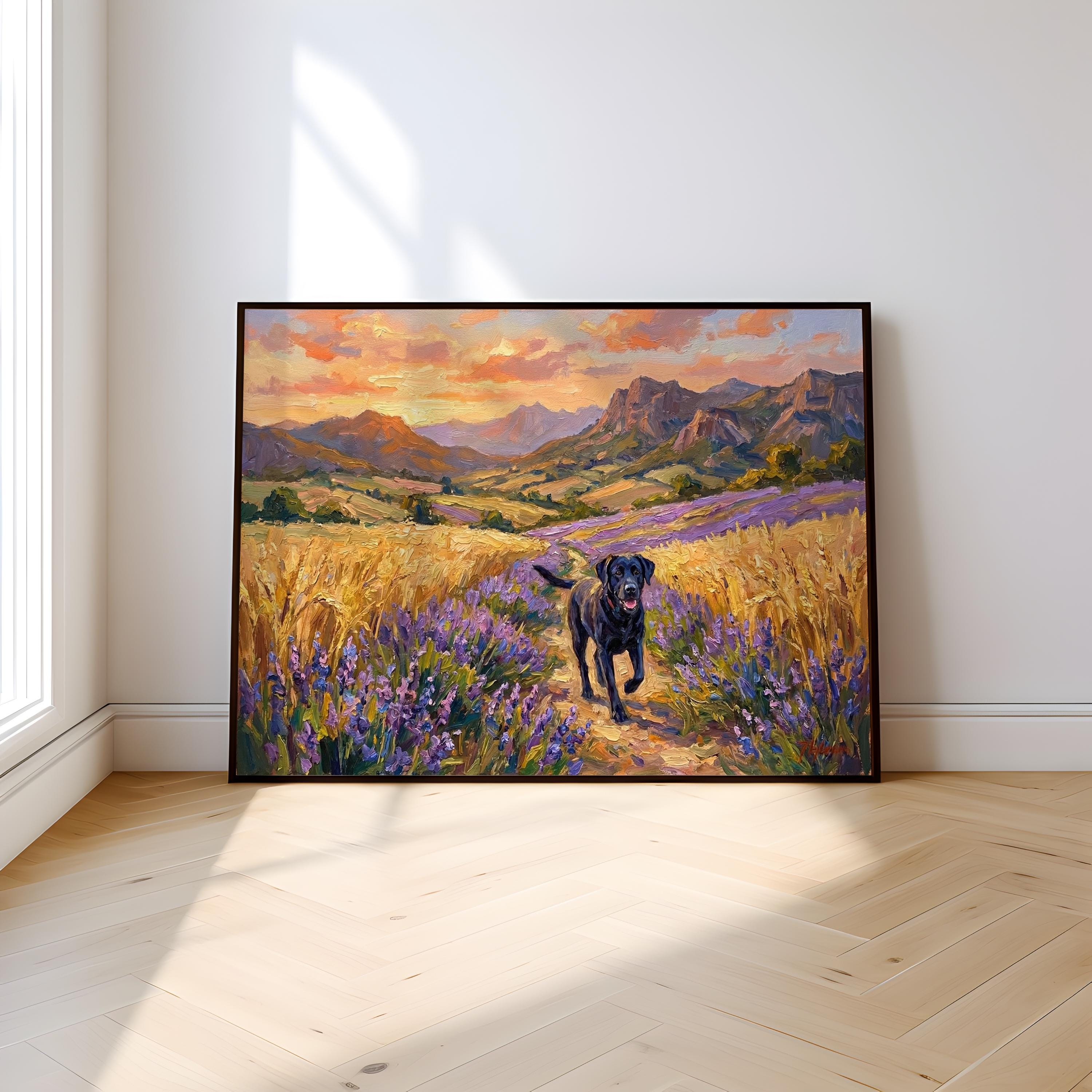 Black Labrador Canvas Art, Lavender & Wheat Field Landscape (Ready to Hang)