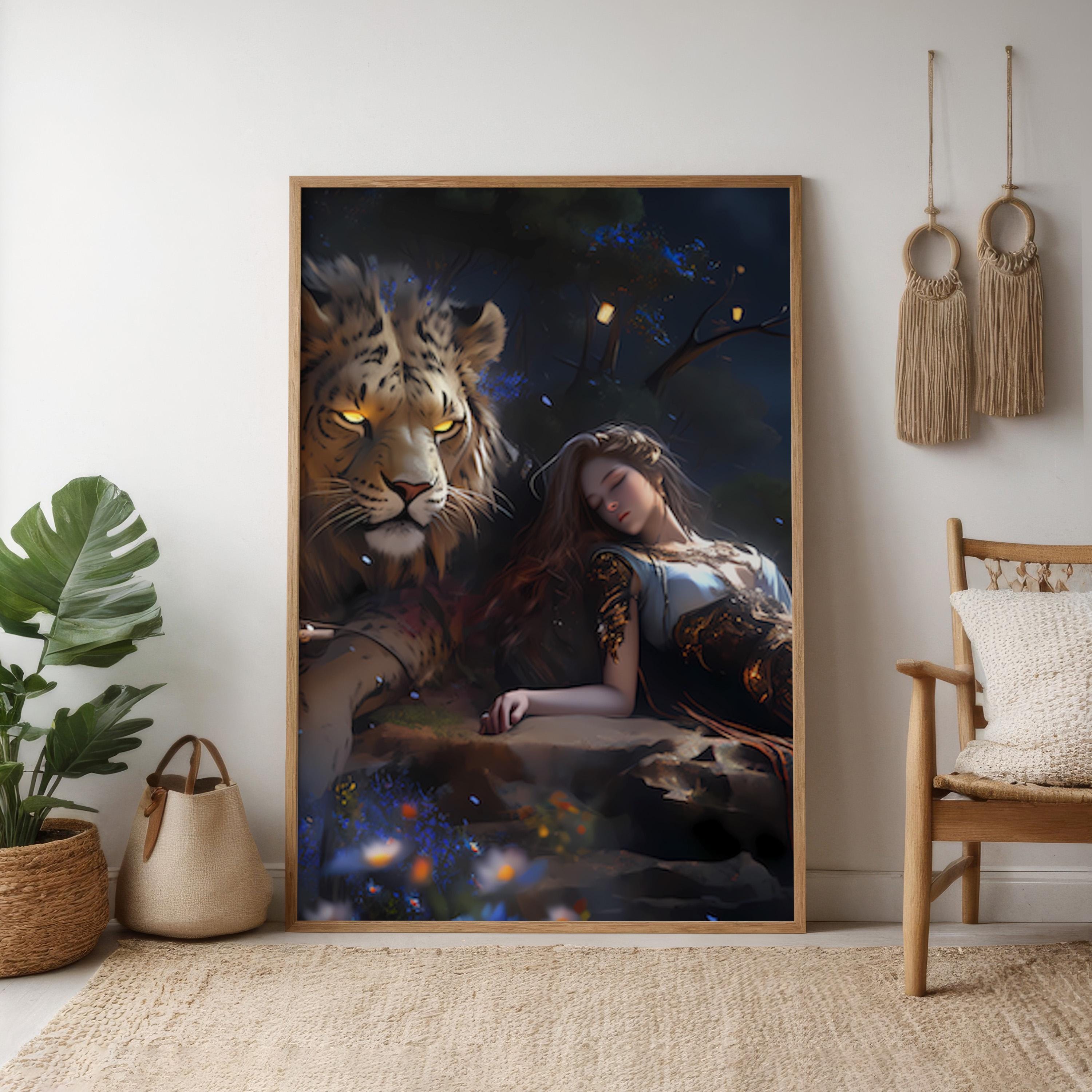 The Dream Guardian: Surreal Lion & Sleeping Woman Art | Mystical & Serene Wall Decor