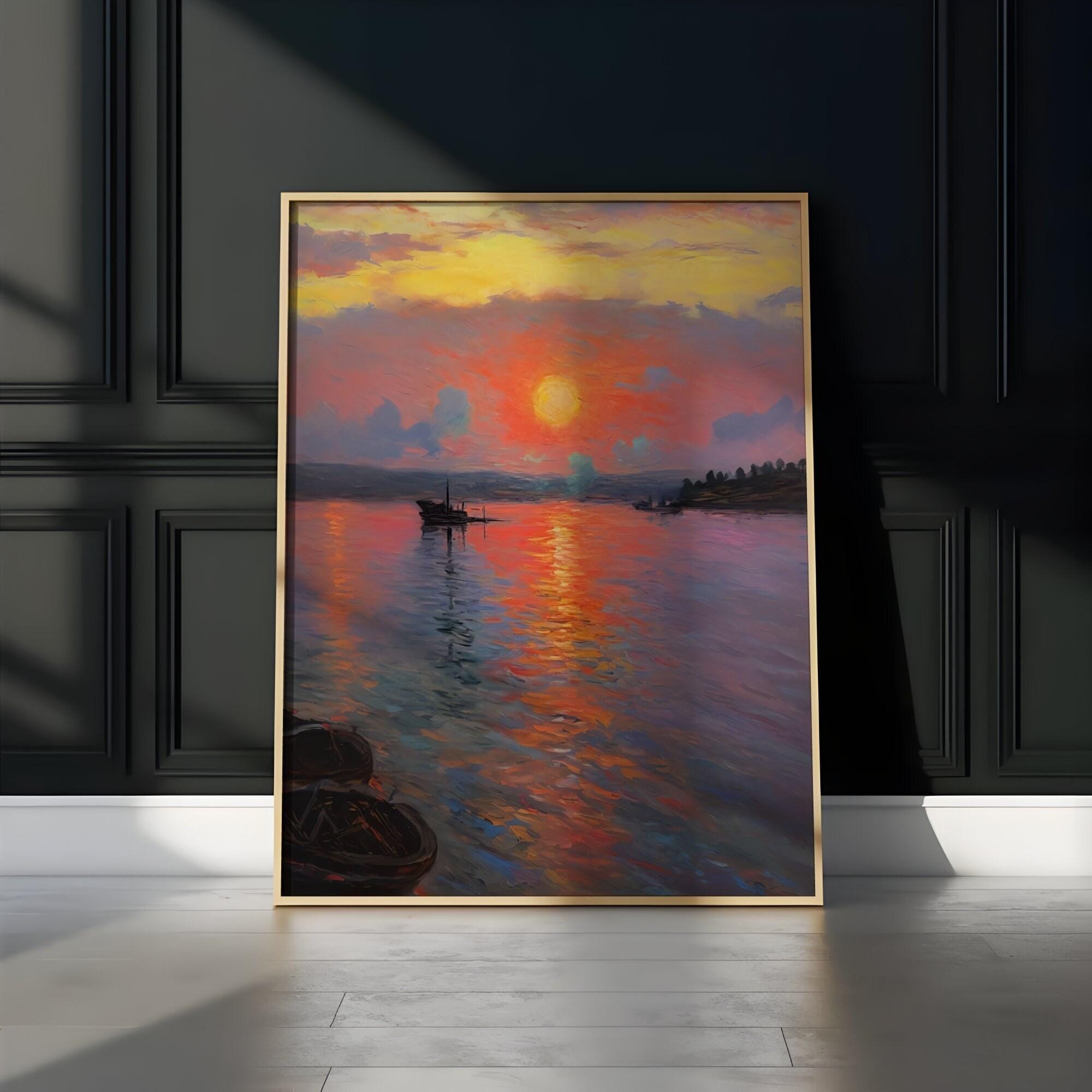 Impressionist Sunset Canvas, Minimalist Lake View (Multiple Sizes)