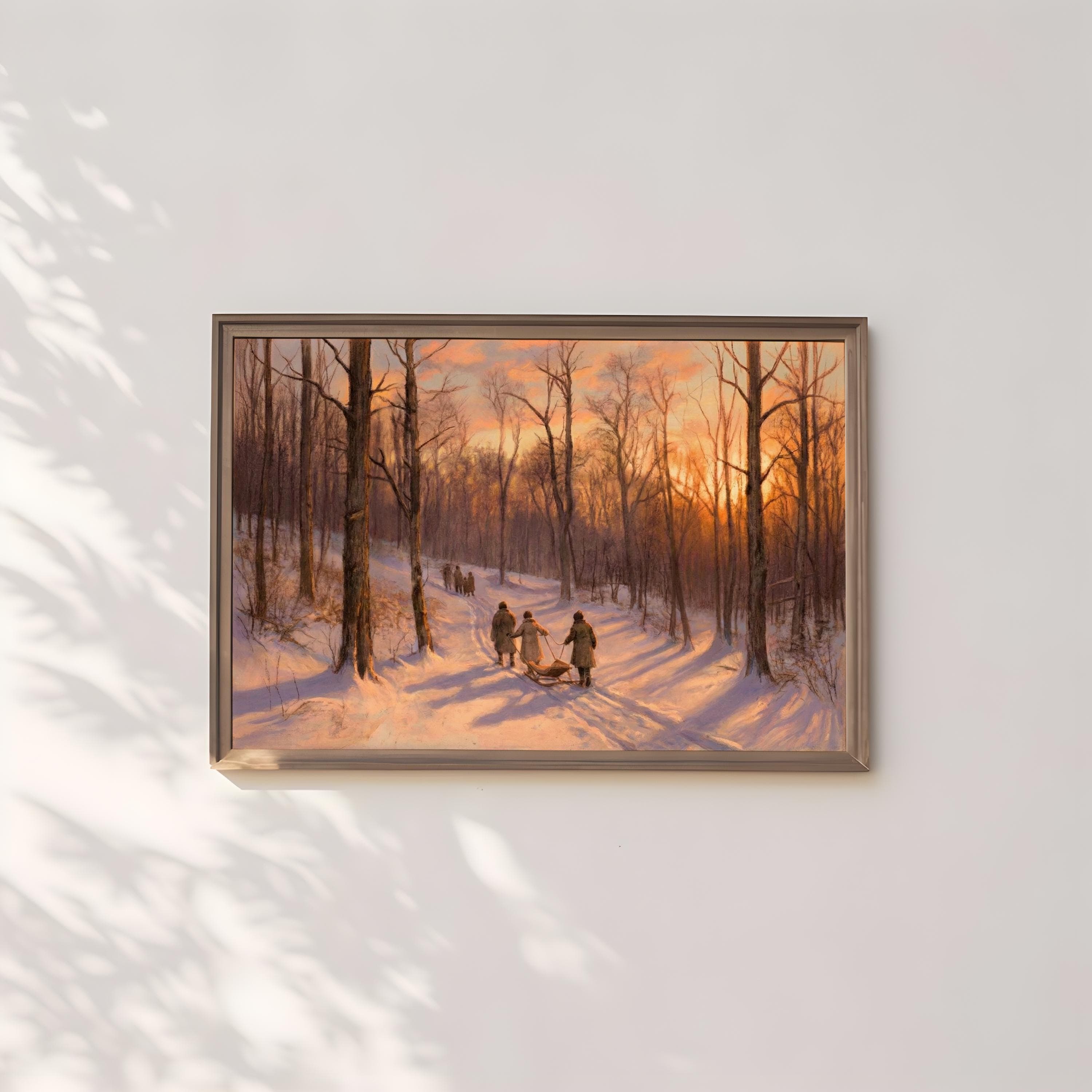 Winter Sunset Canvas, Snowy Forest Landscape (Rustic Holiday Wall Art)