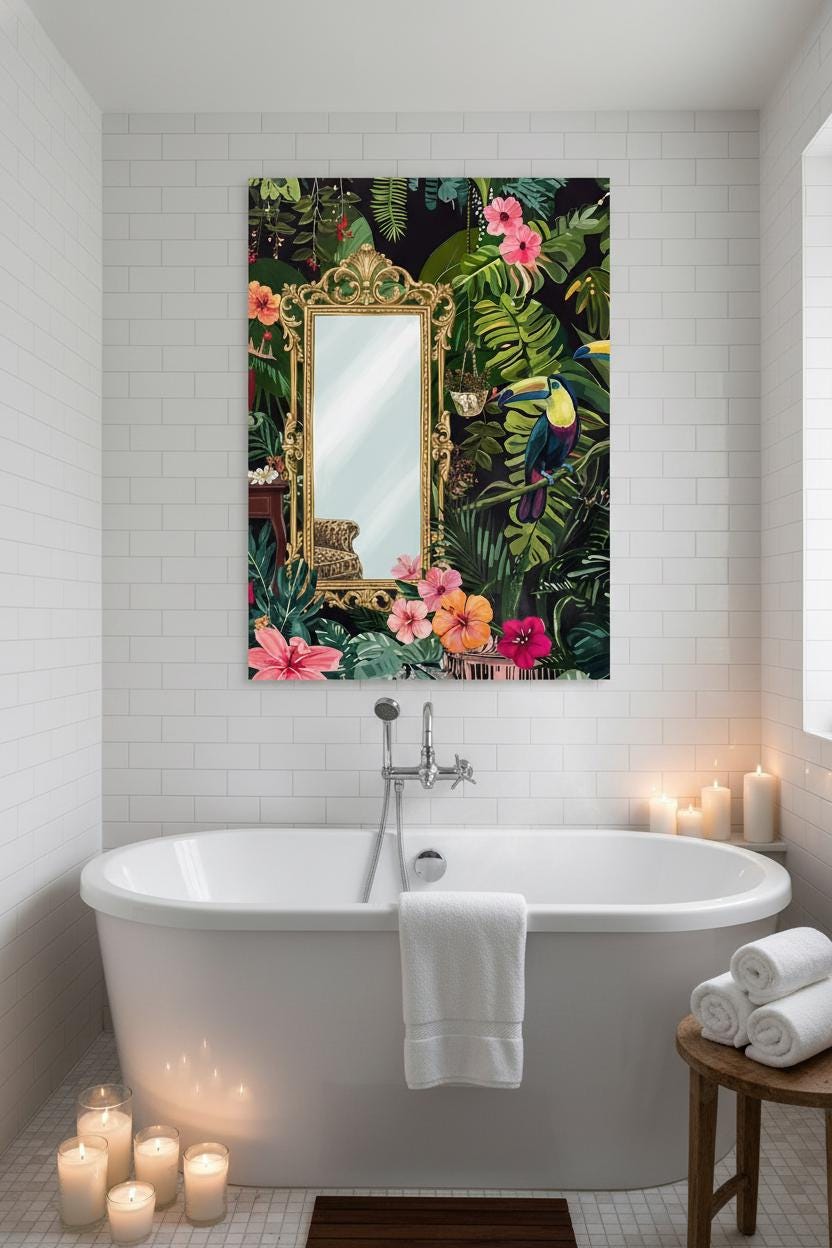 Flamingo Wall Art - Tropical Bathroom Decor | Coral Pink Spa Print