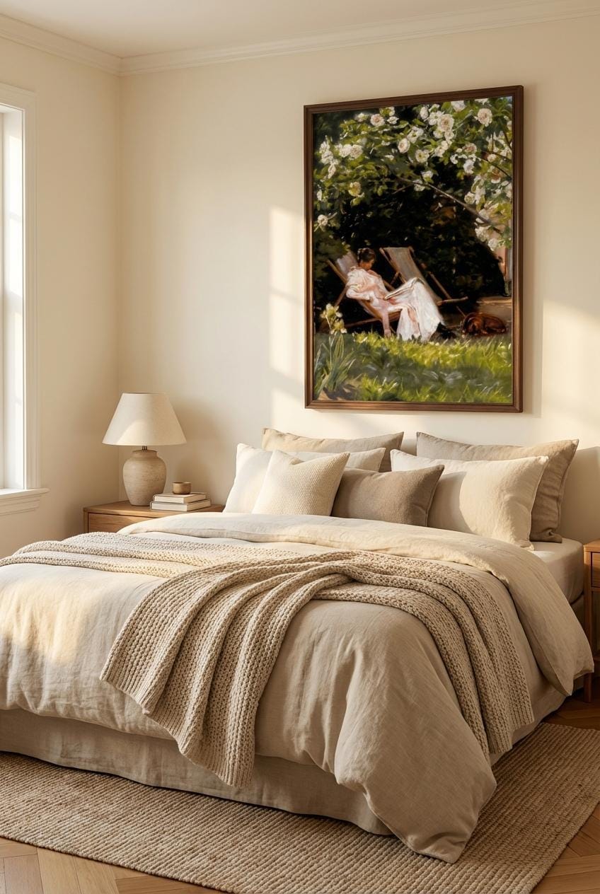 Serene Garden Wall Art Print: Woman Reading with Dog in Summer