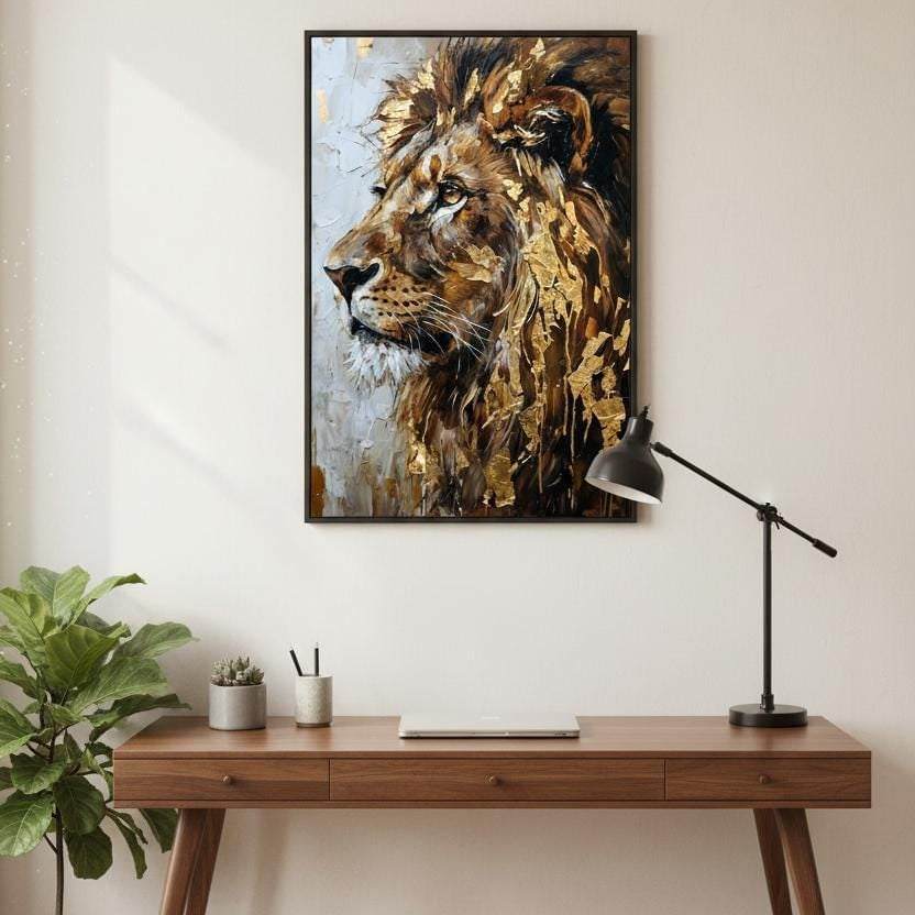 a wooden desk with a laptop, a lamp, and a framed painting of a lion's head on the wall above it.