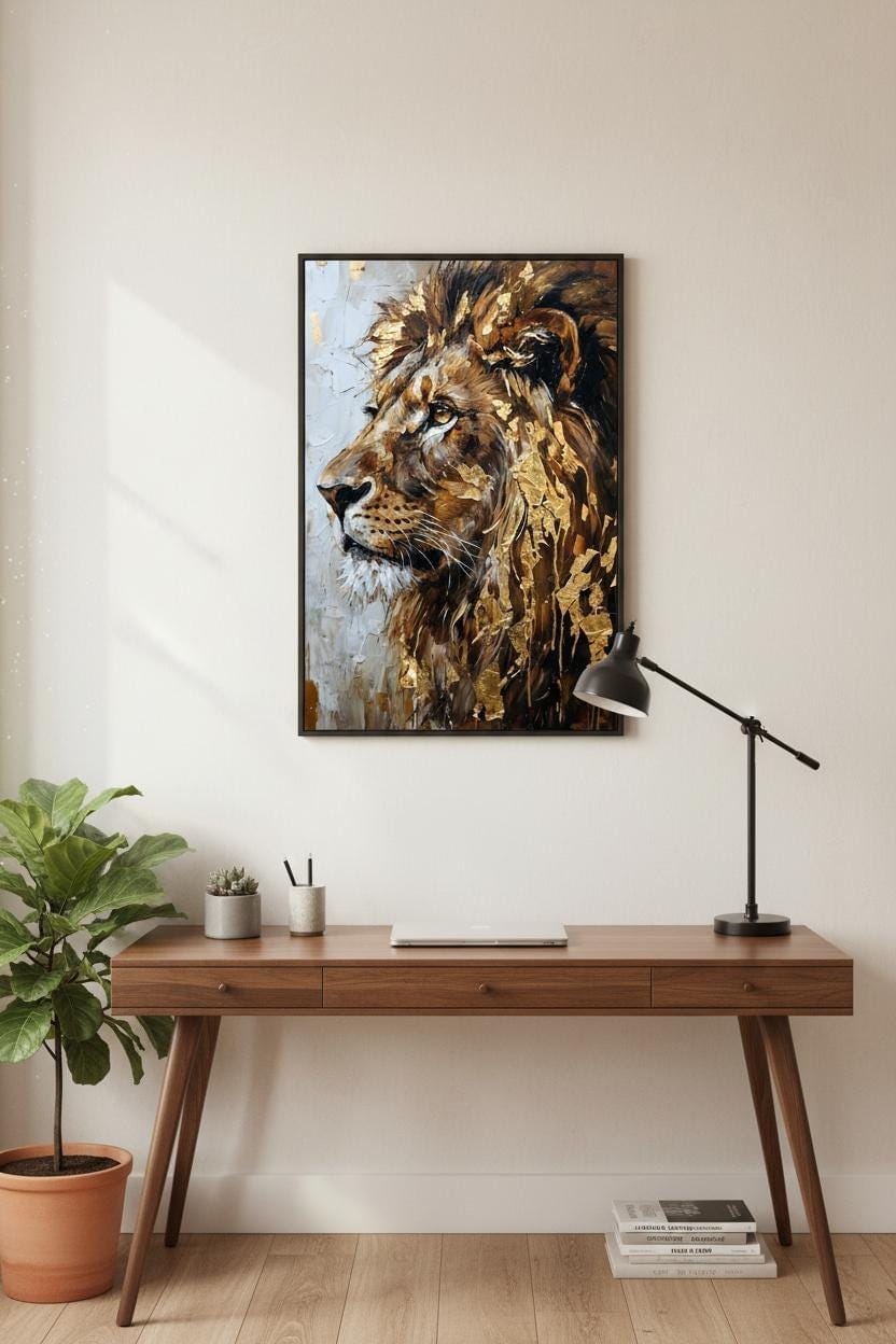 a wooden desk with a laptop, a lamp, and a framed painting of a lion's head on the wall above it.