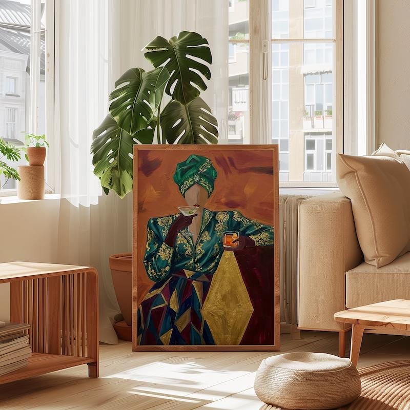 Emerald Turban Cocktail Woman Art - Abstract Vintage Style Print