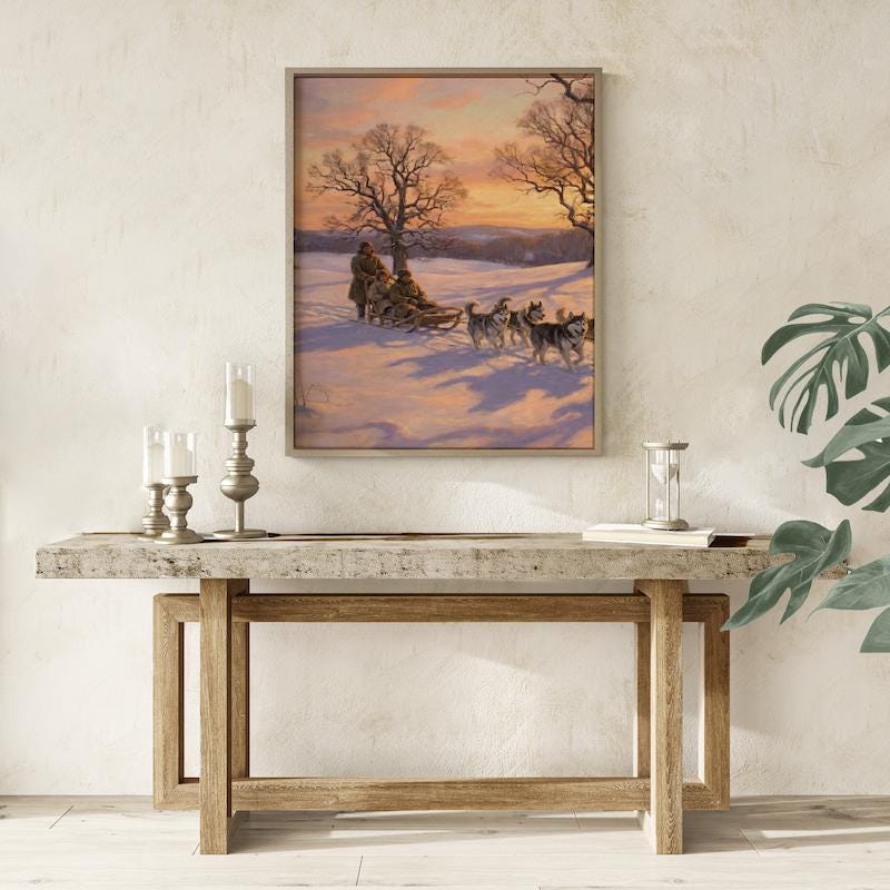 Winter Sledding Art: Husky Team in Snow (Canvas or Paper Prints)