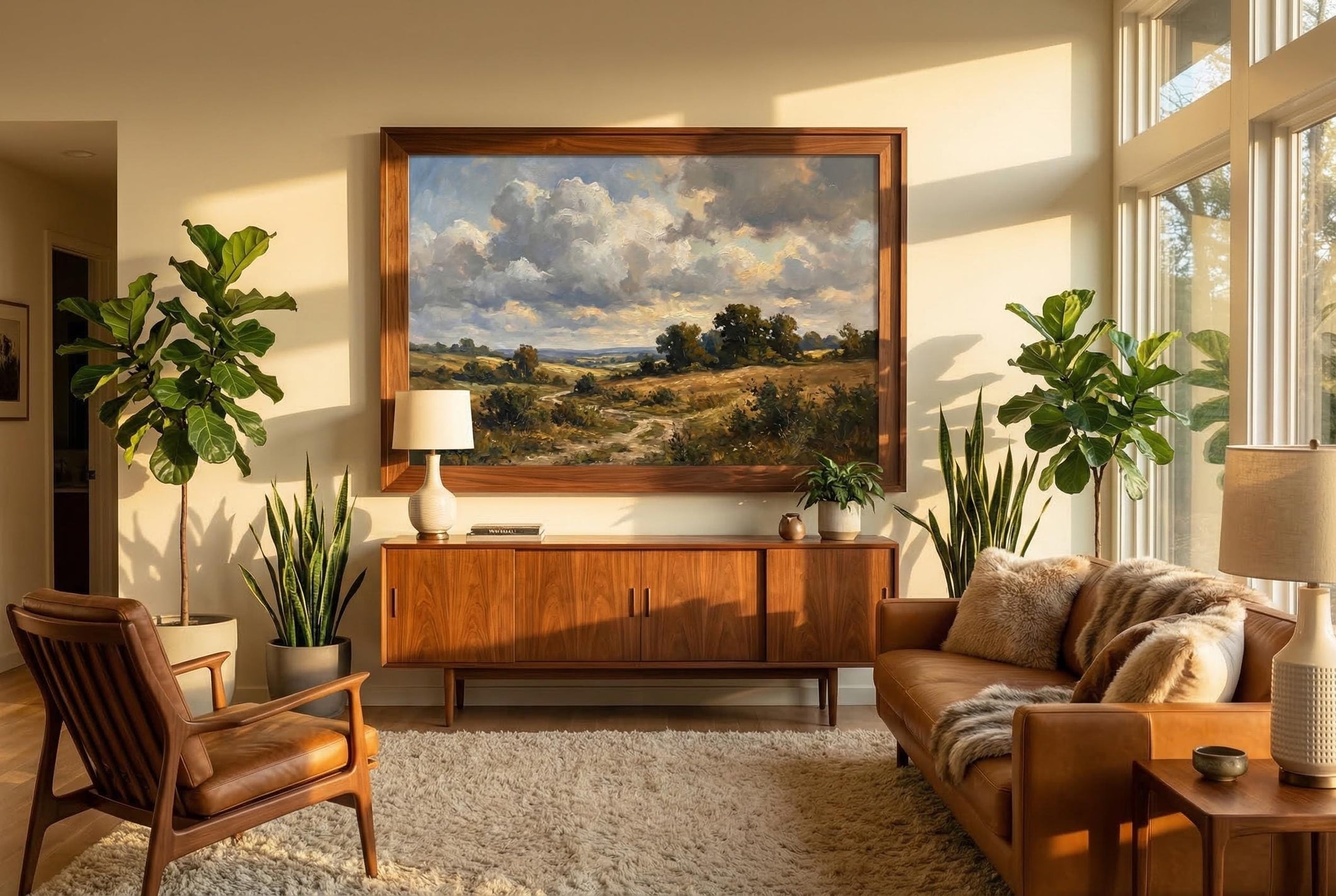Vintage Country Road Painting Dramatic Cloud Landscape Art Rustic Farmhouse Decor Framed Canvas