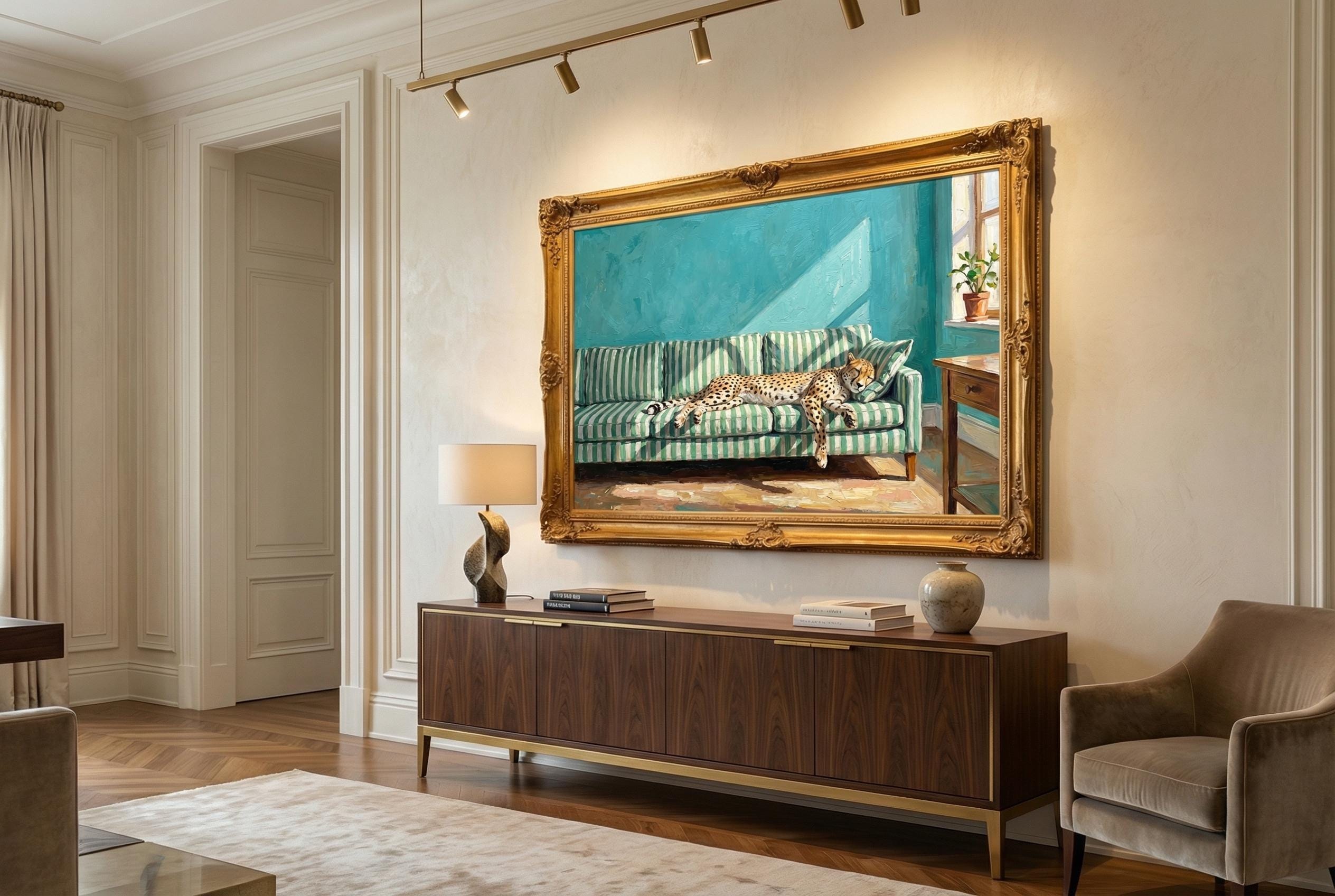 Cheetah Nap Art Print, Sofa Scene (Matte, Canvas, Framed)