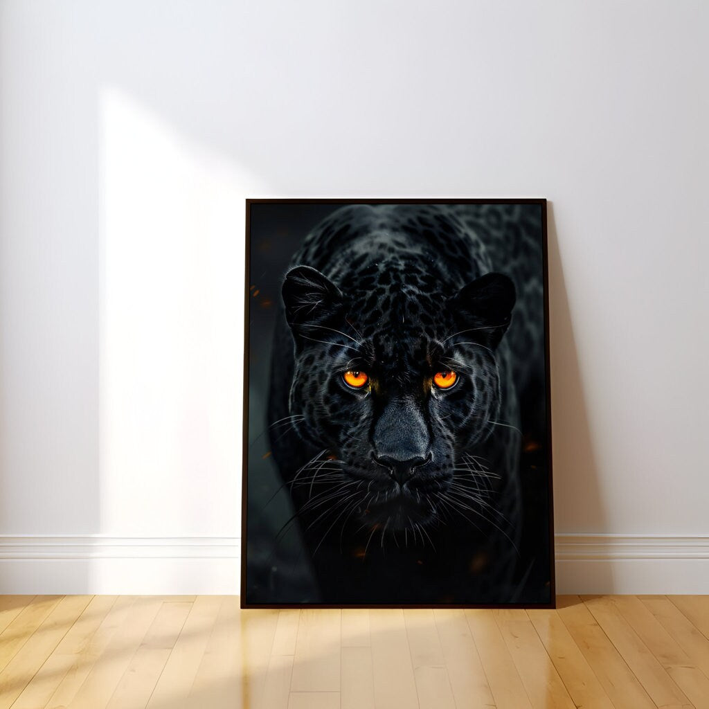 The Midnight Hunter: Black Panther with Orange Eyes Art | Moody & Powerful Wildlife Decor