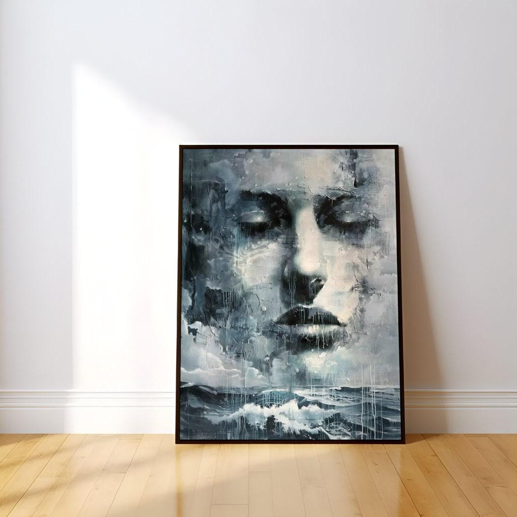 The Storm Within: Moody Abstract Face & Landscape Art | Dramatic & Contemplative Wall Decor