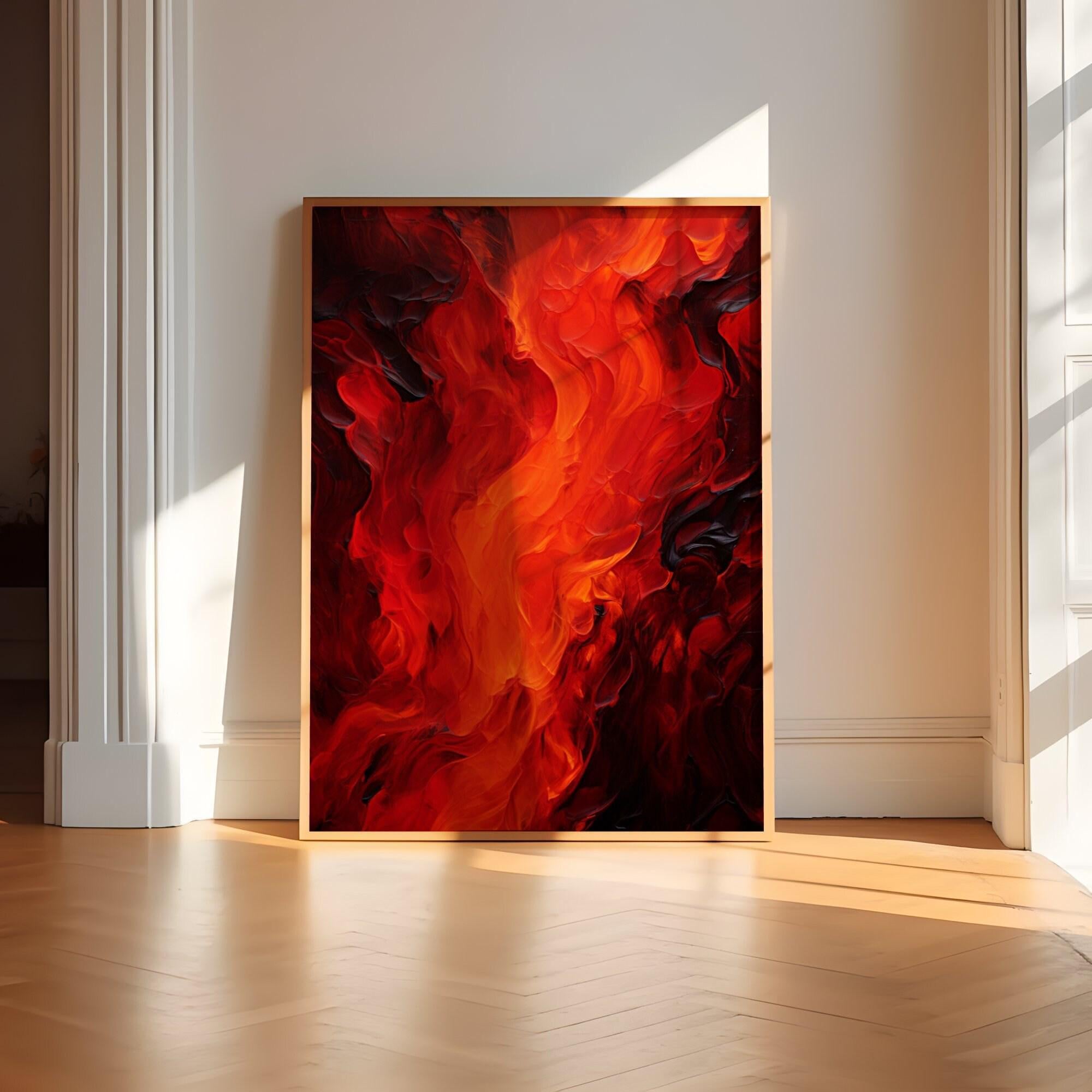 The Hearth Fire: Abstract Flame Painting in Red | Modern Farmhouse & Minimalist Wall Art