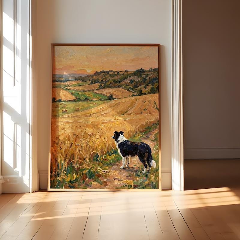 Rustic Border Collie Wall Art - Golden Wheat Field Scene