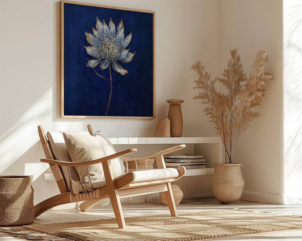 Modern Minimalist Flower: Elegant Gray & White Botanical Art | Deep Blue Wall Decor