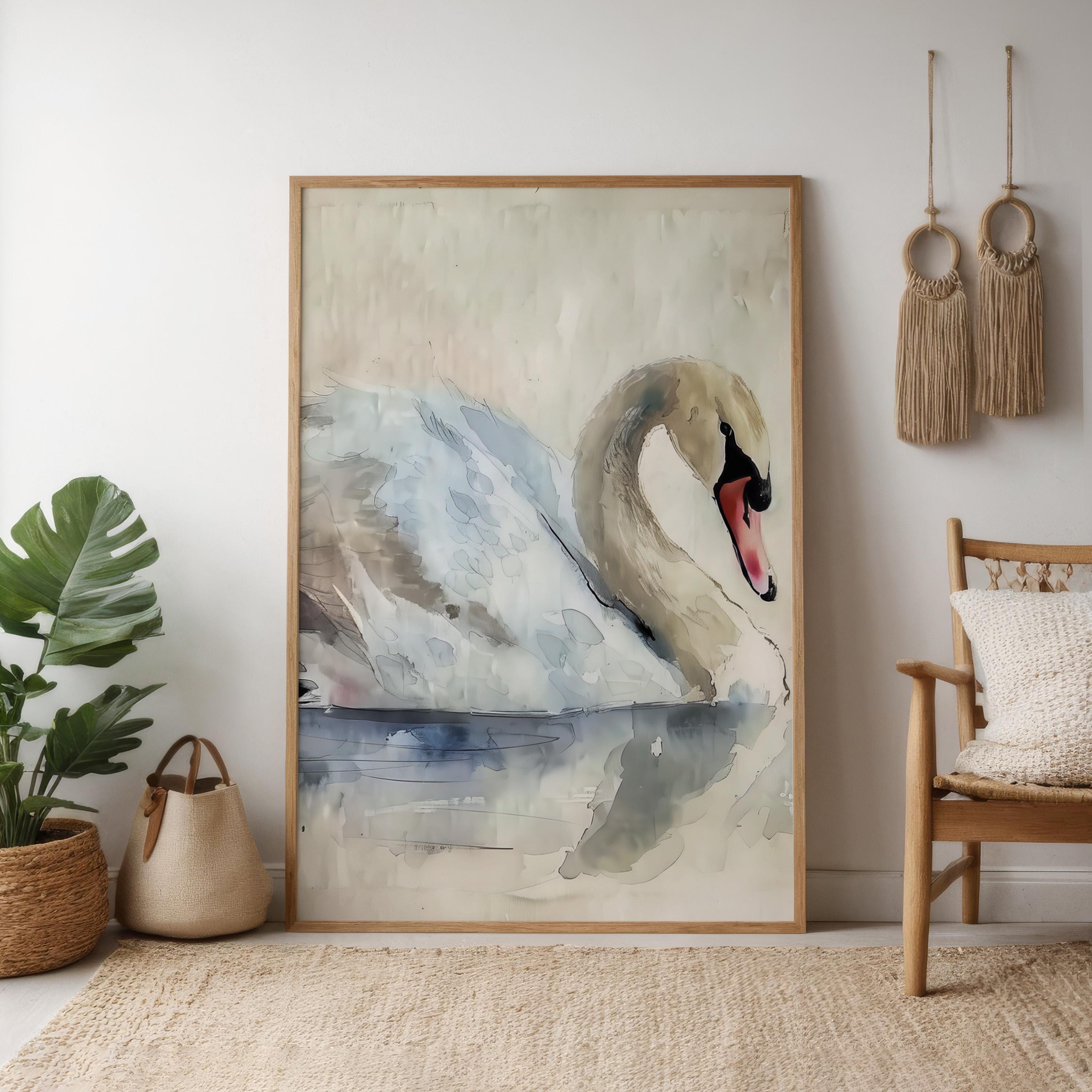 Serene Grace: Elegant Swan Watercolor Art Print | Calming & Peaceful Lake Scene Decor