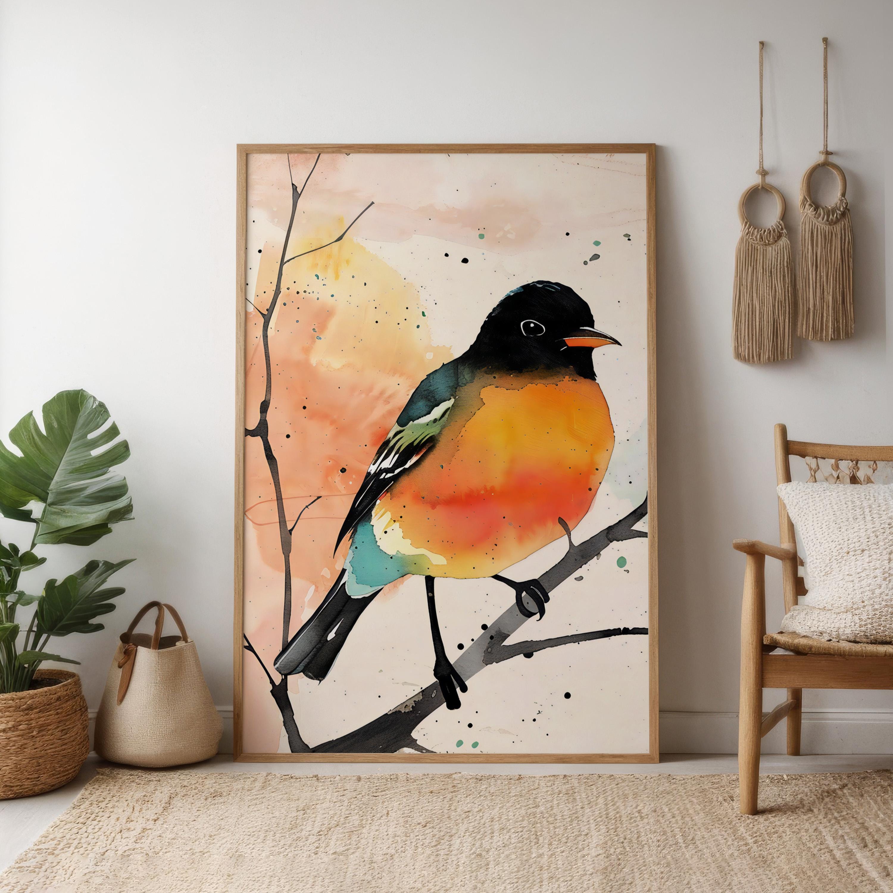 The Soloist: Vibrant Orange & Black Bird Watercolor Art | Modern Abstract Wall Decor