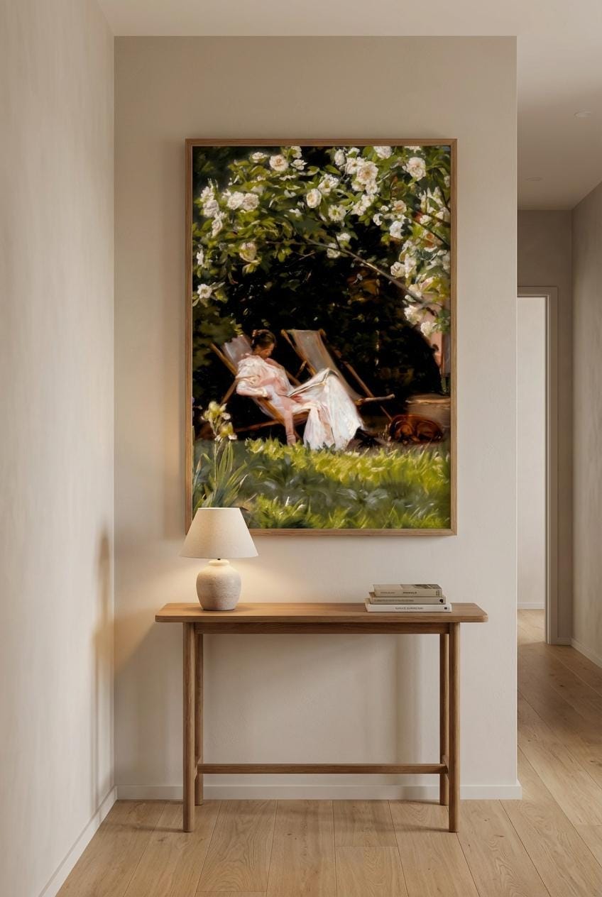 Serene Garden Wall Art Print: Woman Reading with Dog in Summer
